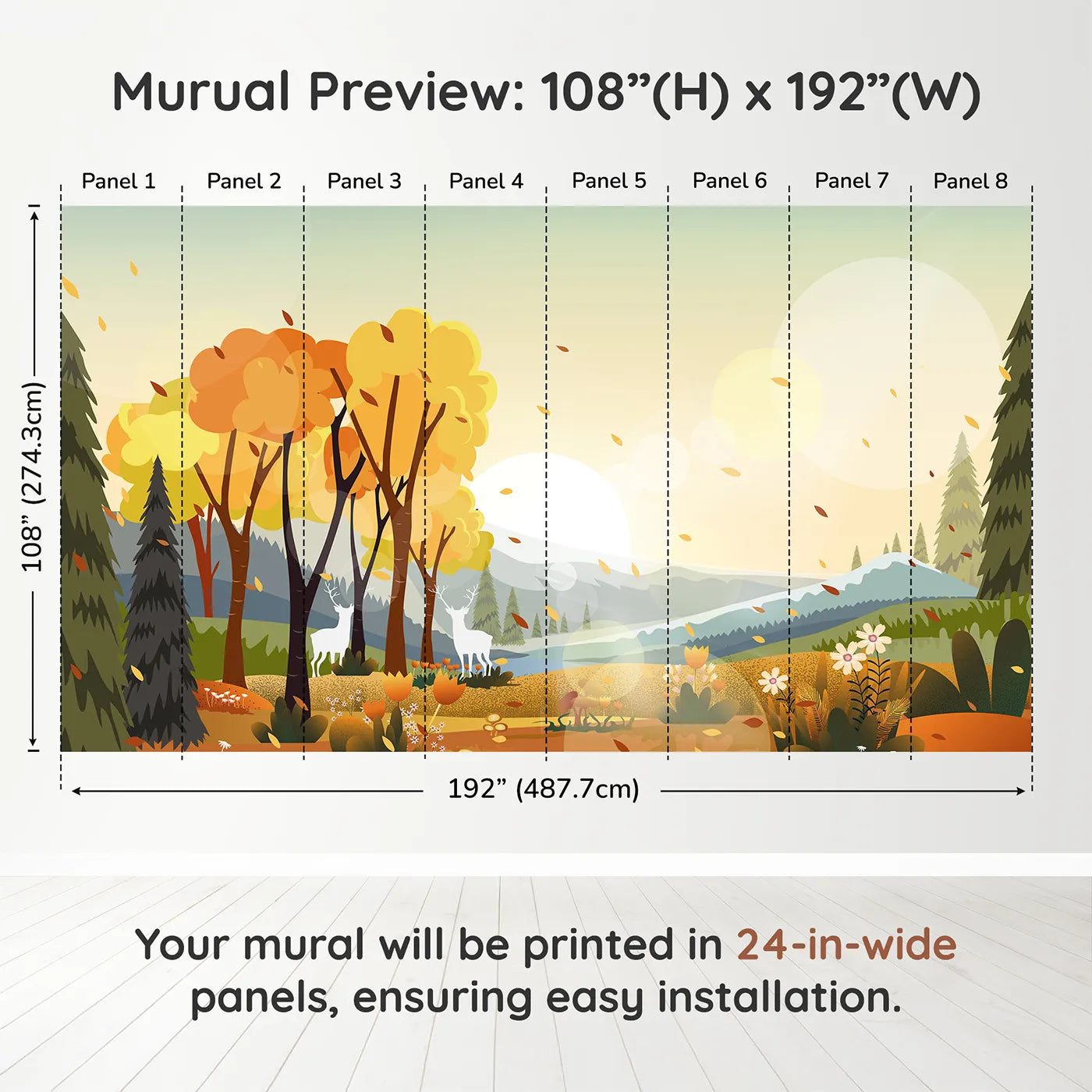 Whimsy Tots Autumn Forest Glow Wall Muraldimension view (108" H x 192" W). Printed in eight 24-inch-wide panels. Gender-Neutral