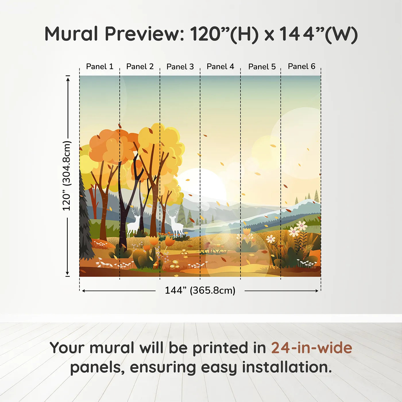 Whimsy Tots Autumn Forest Glow Wall Muraldimension view (120" H x 144" W). Printed in six 24-inch-wide panels. Gender-Neutral