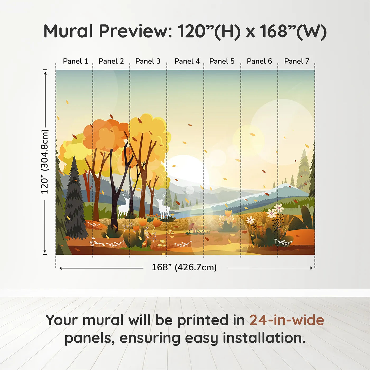 Whimsy Tots Autumn Forest Glow Wall Muraldimension view (120" H x 168" W). Printed in seven 24-inch-wide panels. Gender-Neutral