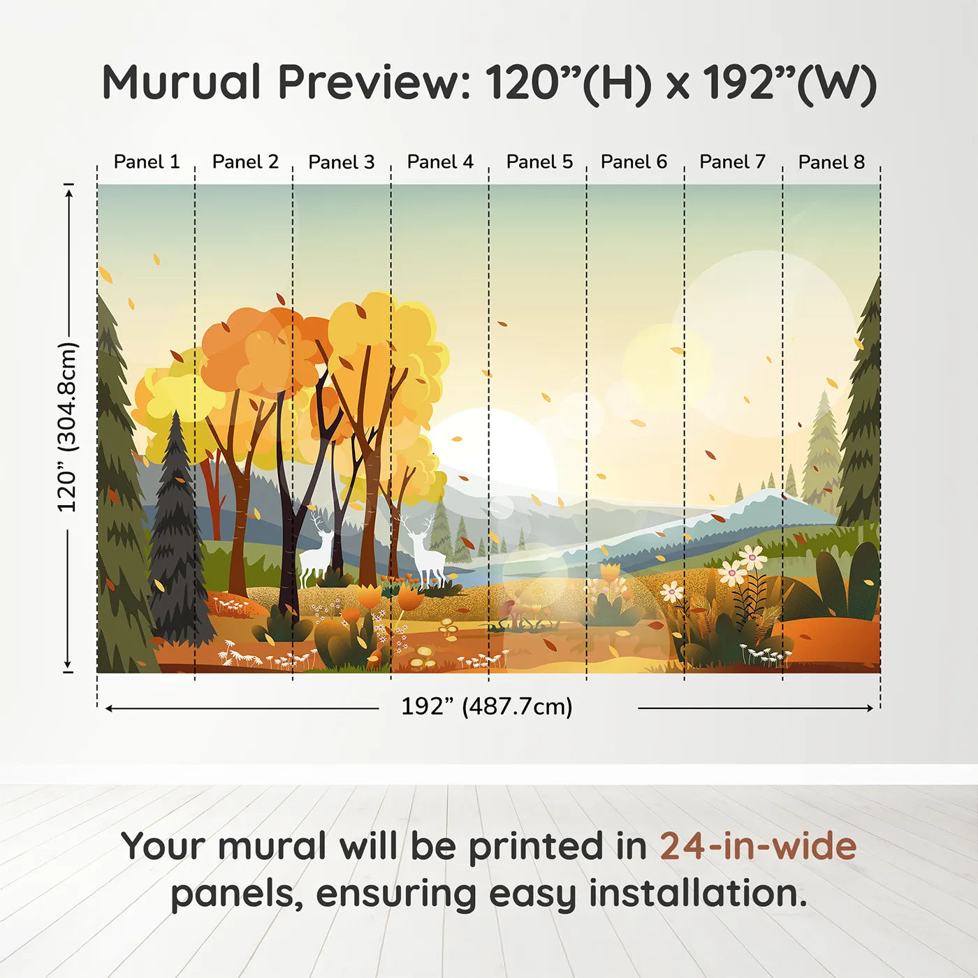 Whimsy Tots Autumn Forest Glow Wall Muraldimension view (120" H x 192" W). Printed in eight 24-inch-wide panels. Gender-Neutral