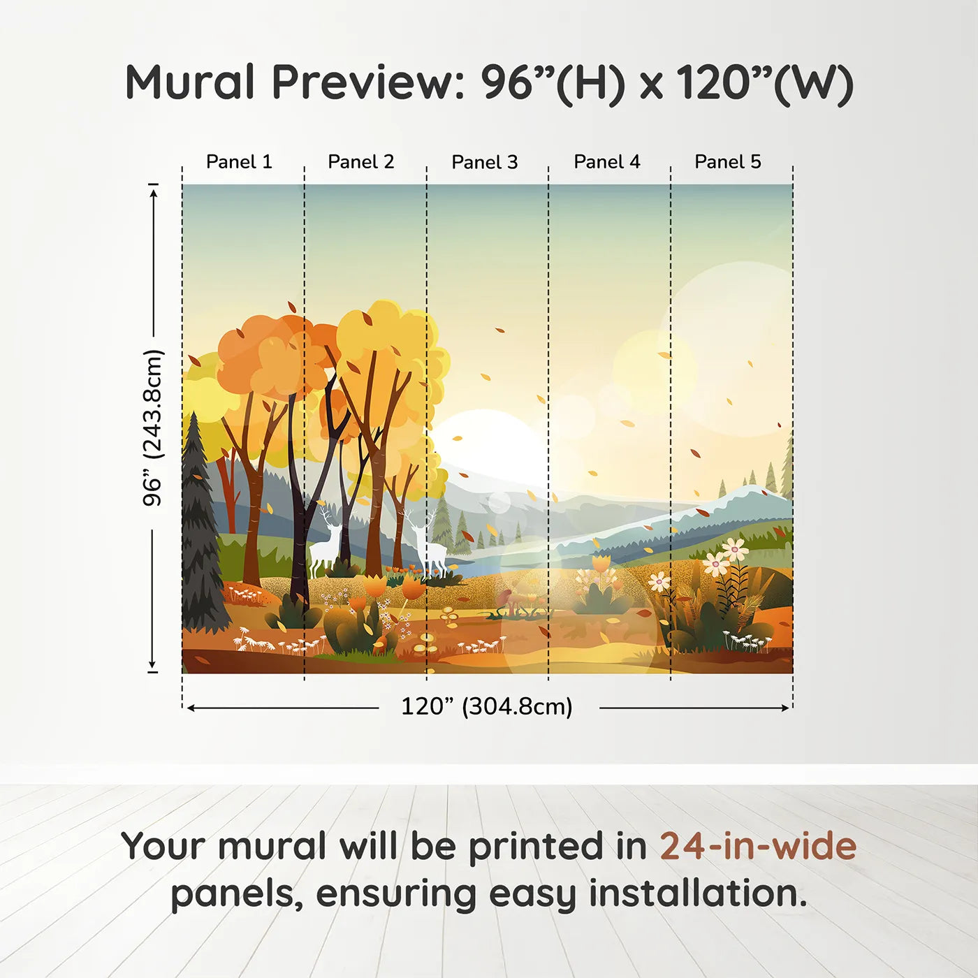 Whimsy Tots Autumn Forest Glow Wall Muraldimension view (96" H x 120" W). Printed in five 24-inch-wide panels. Gender-Neutral