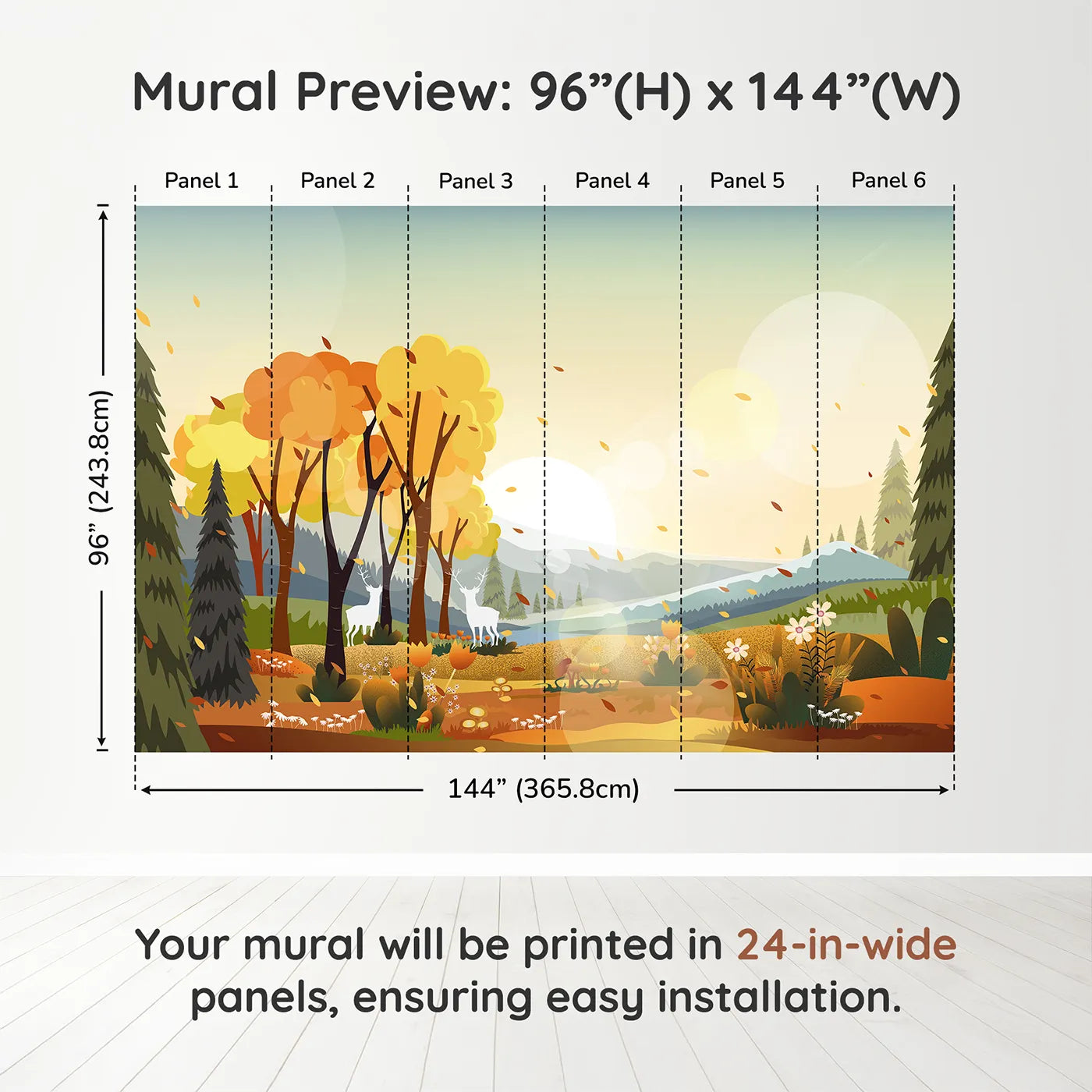 Whimsy Tots Autumn Forest Glow Wall Muraldimension view (96" H x 144" W). Printed in six 24-inch-wide panels. Gender-Neutral