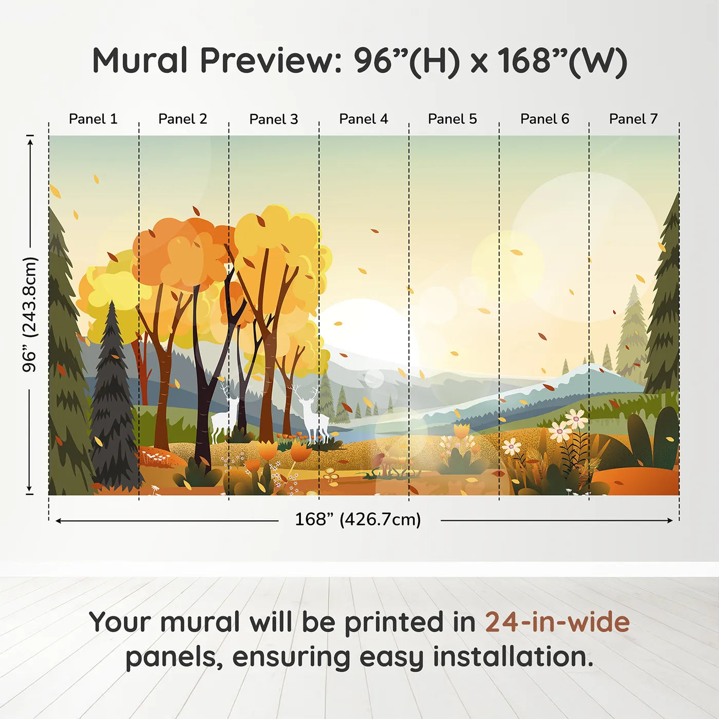 Whimsy Tots Autumn Forest Glow Wall Muraldimension view (96" H x 168" W). Printed in seven 24-inch-wide panels. Gender-Neutral