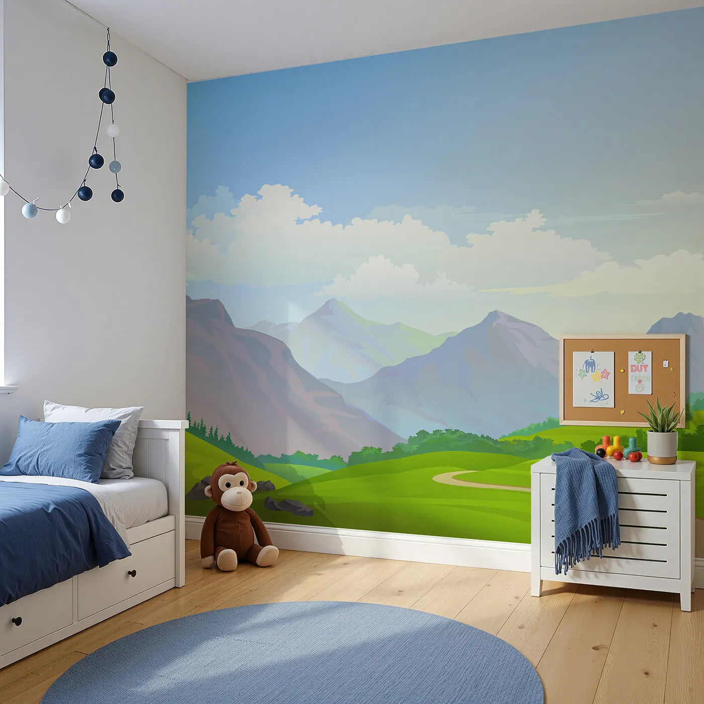 Angled view of Whimsy Tots' Rolling Hills Journey Wall Mural (Turn Their Room into a Vast and Beautiful Landscape).Gender-Neutral