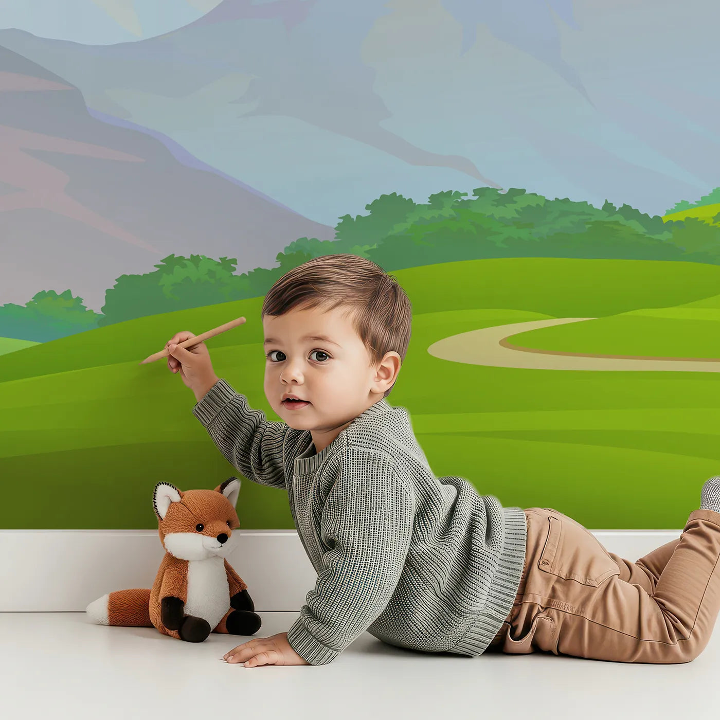 Child in front of Whimsy Tots Rolling Hills Journey Wall Mural with landscape, hill, mountain, path, green, sky, nature, cartoon in design.
