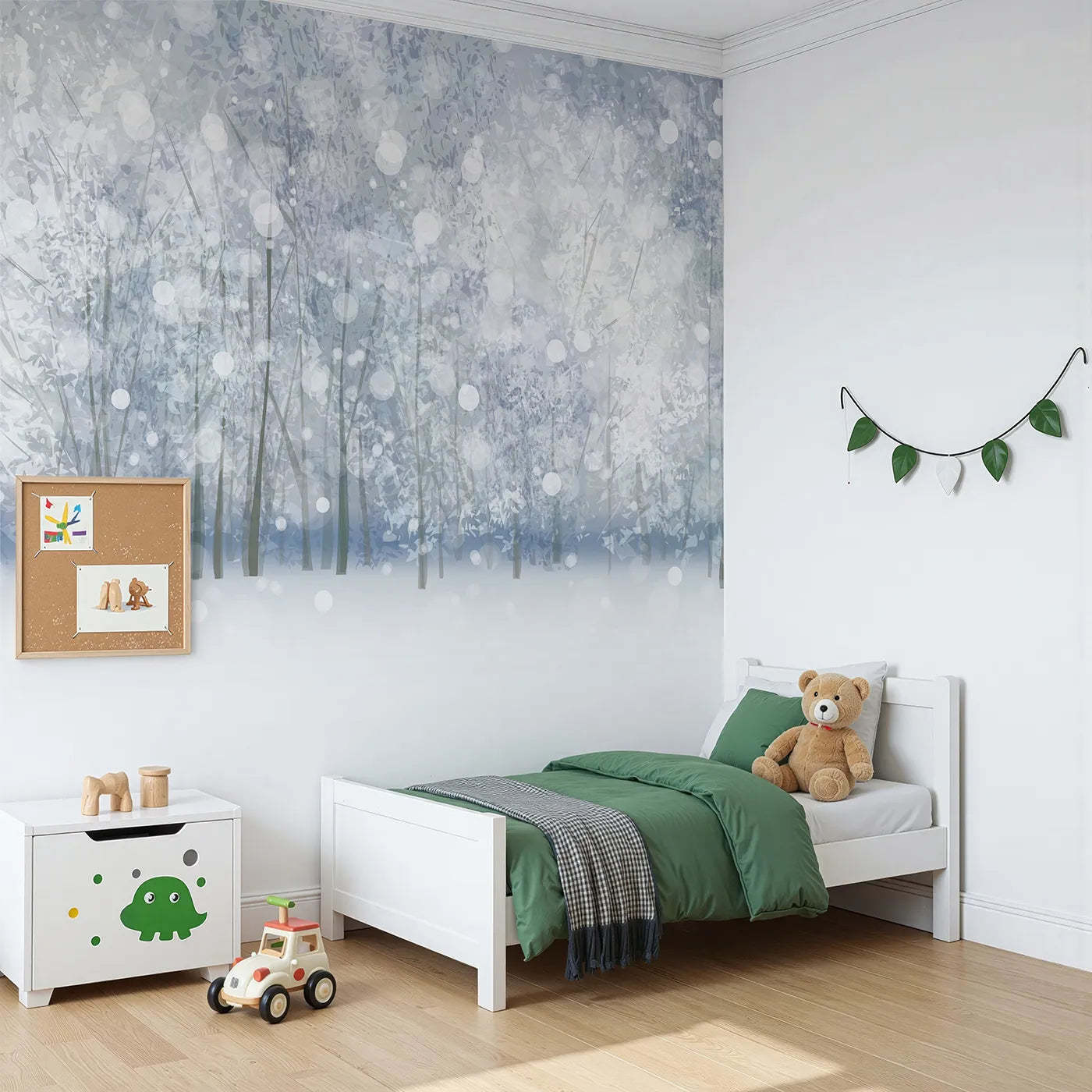 Angled view of Whimsy Tots' Enchanted Winter Woods Wall Mural (Turn Their Room into a Magical, Snowy Forest).Gender-Neutral