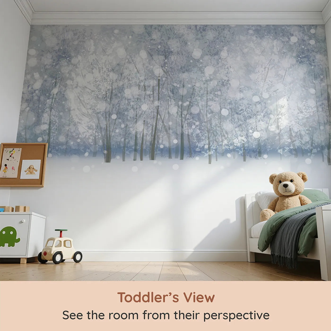 Whimsy Tots Enchanted Winter Woods Wall Mural (Turn Their Room into a Magical, Snowy Forest) from your child's view.Gender-Neutral