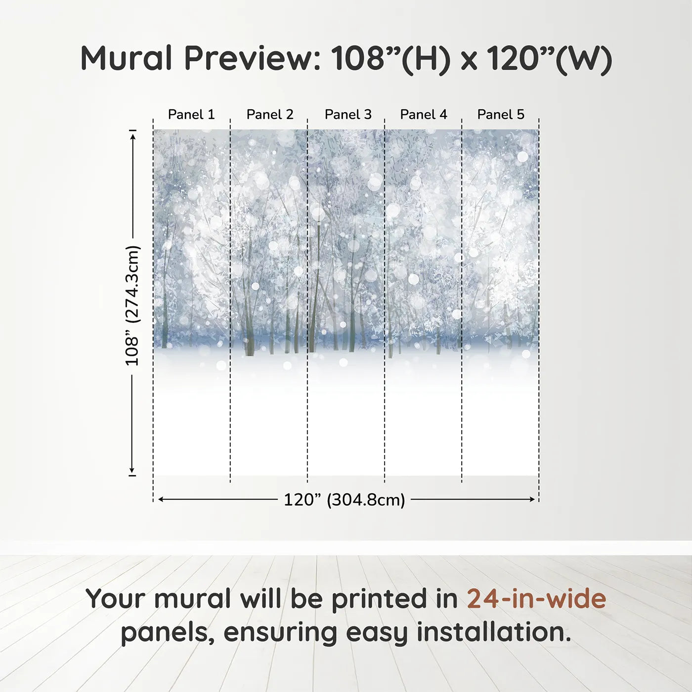 Whimsy Tots Enchanted Winter Woods Wall Muraldimension view (108" H x 120" W). Printed in five 24-inch-wide panels. Gender-Neutral