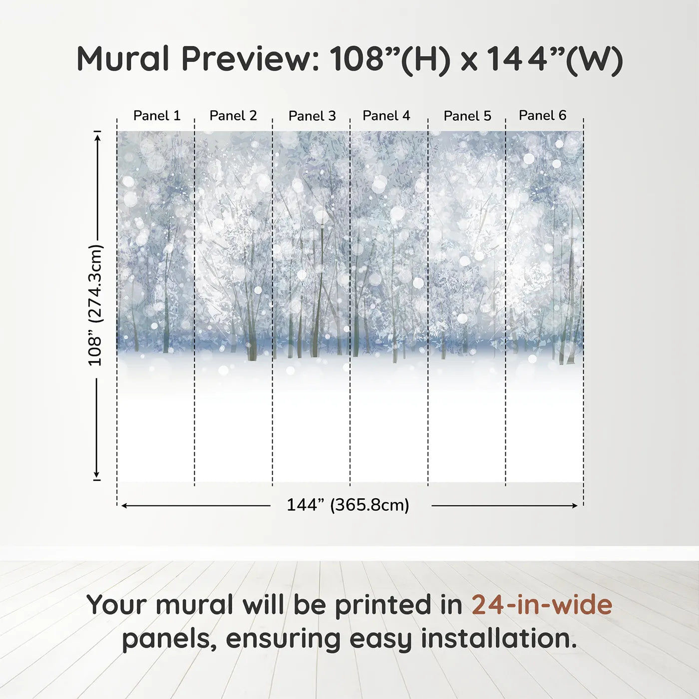 Whimsy Tots Enchanted Winter Woods Wall Muraldimension view (108" H x 144" W). Printed in six 24-inch-wide panels. Gender-Neutral