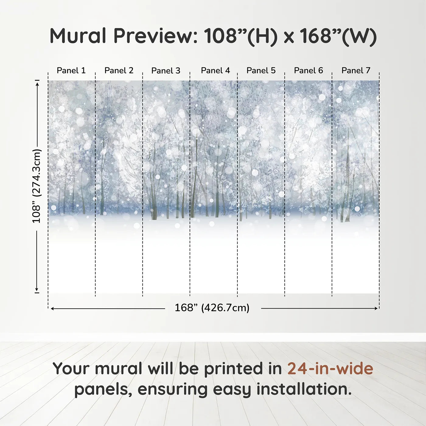 Whimsy Tots Enchanted Winter Woods Wall Muraldimension view (108" H x 168" W). Printed in seven 24-inch-wide panels. Gender-Neutral