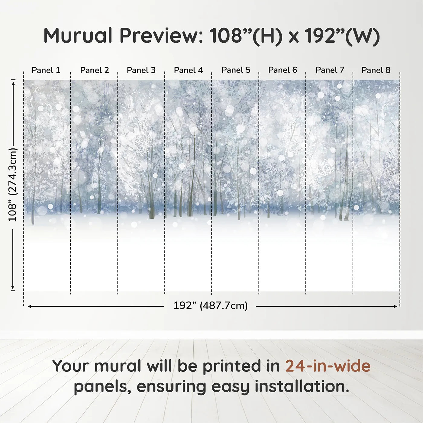 Whimsy Tots Enchanted Winter Woods Wall Muraldimension view (108" H x 192" W). Printed in eight 24-inch-wide panels. Gender-Neutral