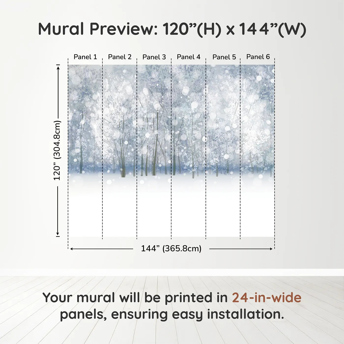 Whimsy Tots Enchanted Winter Woods Wall Muraldimension view (120" H x 144" W). Printed in six 24-inch-wide panels. Gender-Neutral