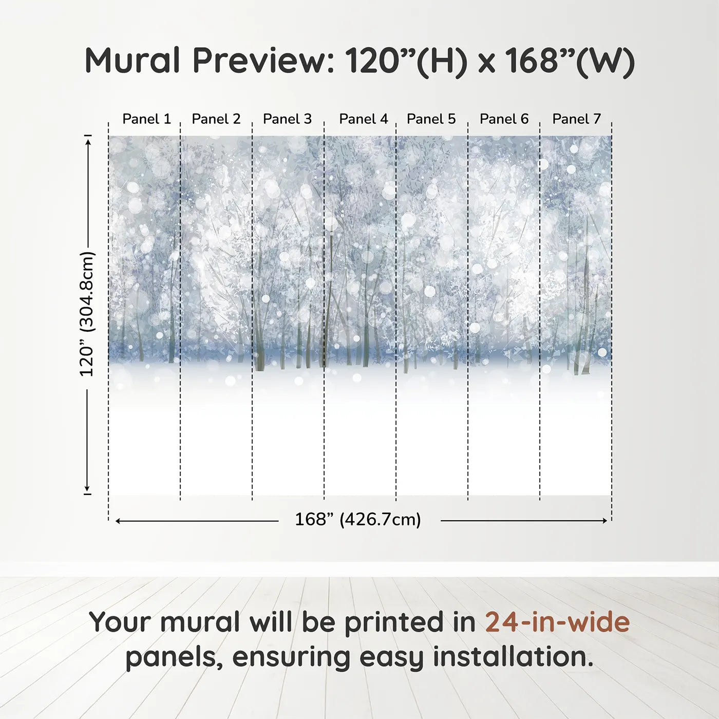 Whimsy Tots Enchanted Winter Woods Wall Muraldimension view (120" H x 168" W). Printed in seven 24-inch-wide panels. Gender-Neutral