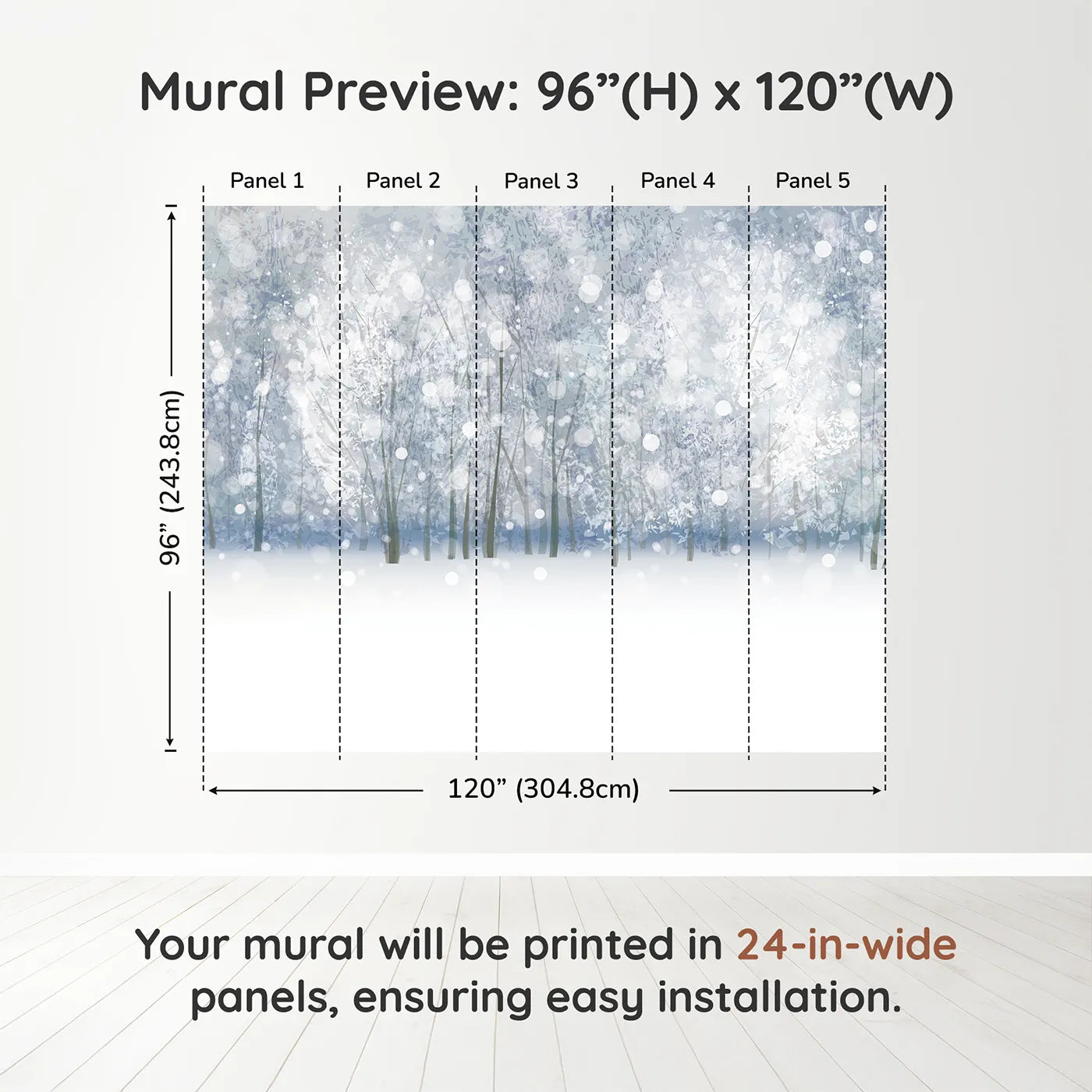 Whimsy Tots Enchanted Winter Woods Wall Muraldimension view (96" H x 120" W). Printed in five 24-inch-wide panels. Gender-Neutral