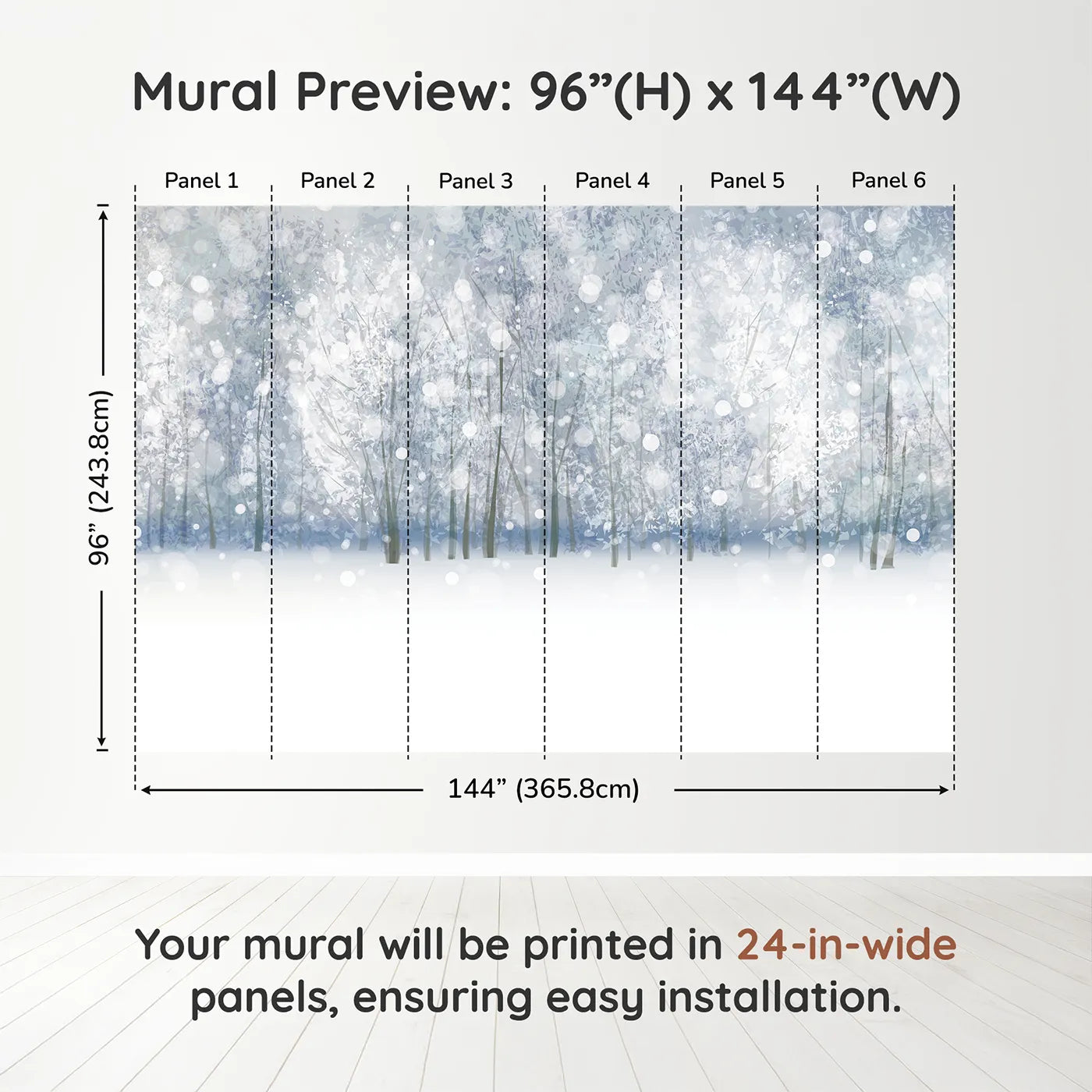 Whimsy Tots Enchanted Winter Woods Wall Muraldimension view (96" H x 144" W). Printed in six 24-inch-wide panels. Gender-Neutral