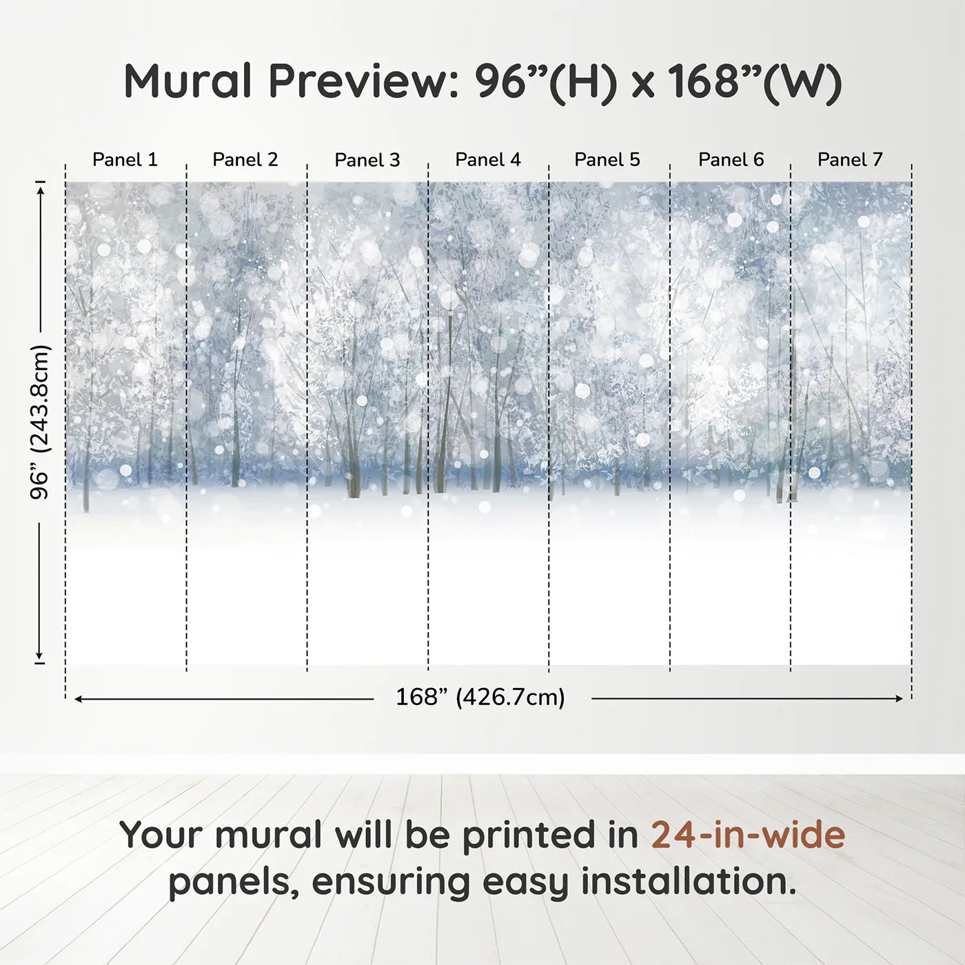Whimsy Tots Enchanted Winter Woods Wall Muraldimension view (96" H x 168" W). Printed in seven 24-inch-wide panels. Gender-Neutral