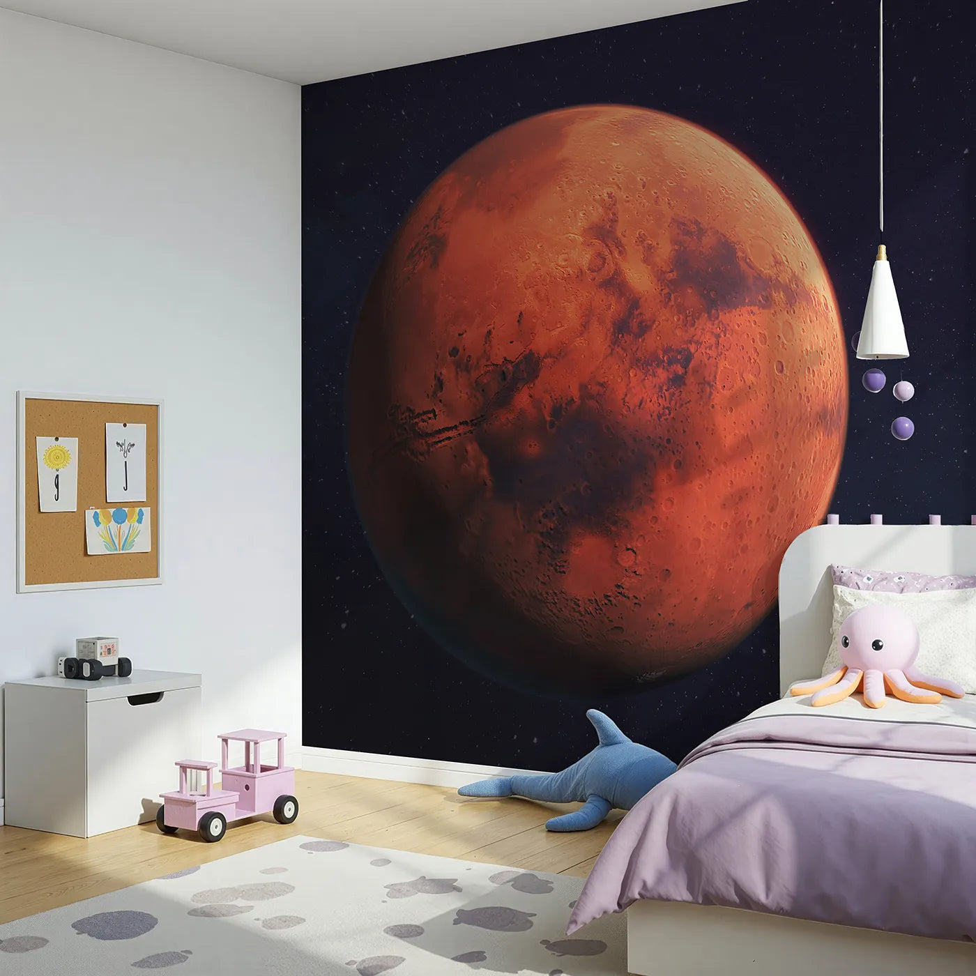 Angled view of Whimsy Tots' The Planet Mars Wall Mural (Turn Their Room into a Mission to the Red Planet).Gender-Neutral