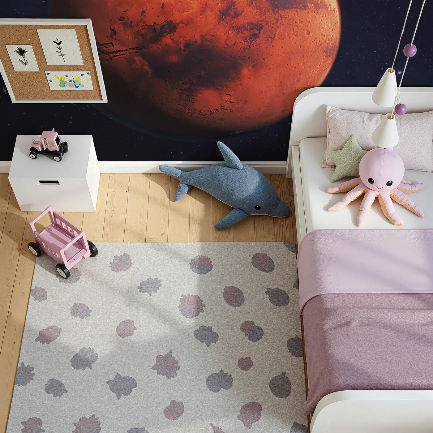 Top-down view of Whimsy Tots' The Planet Mars Wall Mural (Turn Their Room into a Mission to the Red Planet).Gender-Neutral