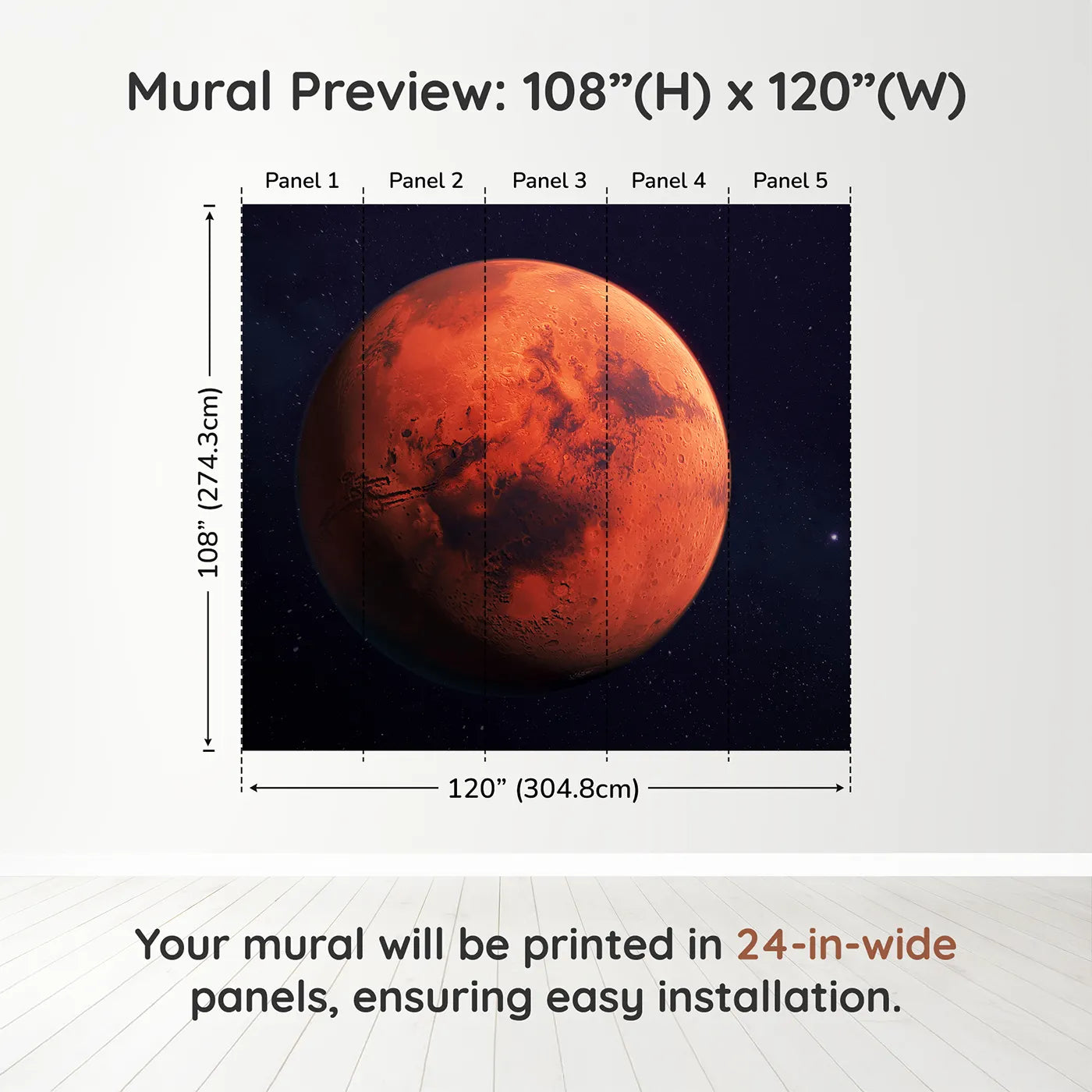 Whimsy Tots The Planet Mars Wall Muraldimension view (108" H x 120" W). Printed in five 24-inch-wide panels. Gender-Neutral