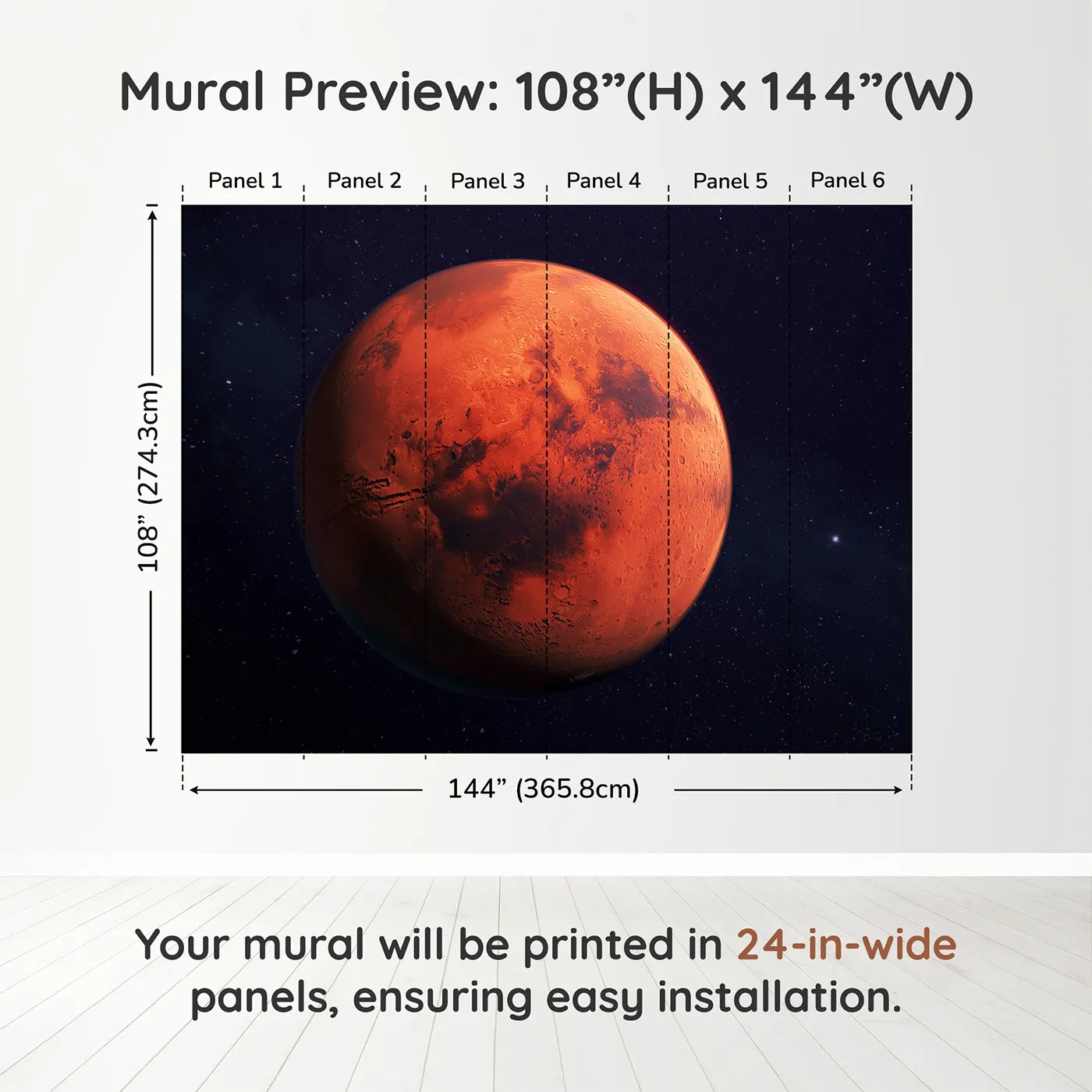 Whimsy Tots The Planet Mars Wall Muraldimension view (108" H x 144" W). Printed in six 24-inch-wide panels. Gender-Neutral