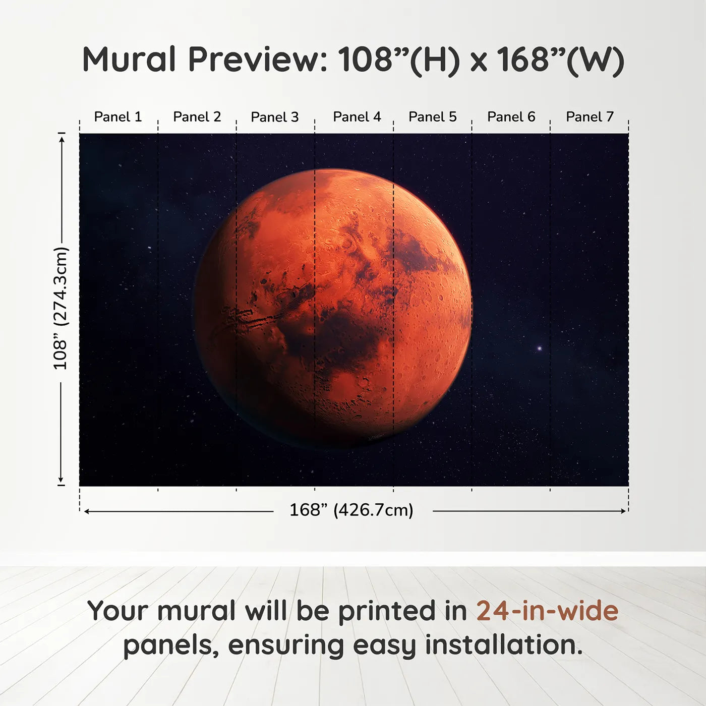 Whimsy Tots The Planet Mars Wall Muraldimension view (108" H x 168" W). Printed in seven 24-inch-wide panels. Gender-Neutral