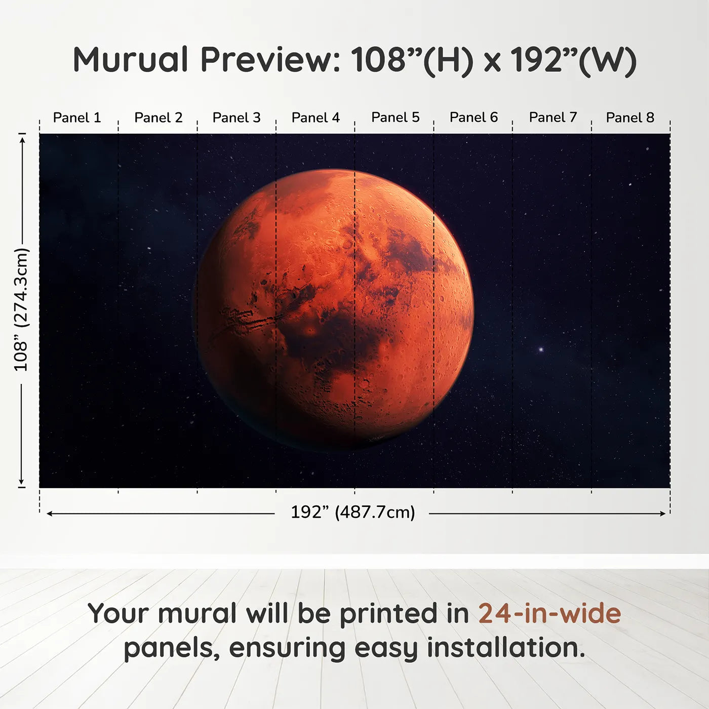 Whimsy Tots The Planet Mars Wall Muraldimension view (108" H x 192" W). Printed in eight 24-inch-wide panels. Gender-Neutral