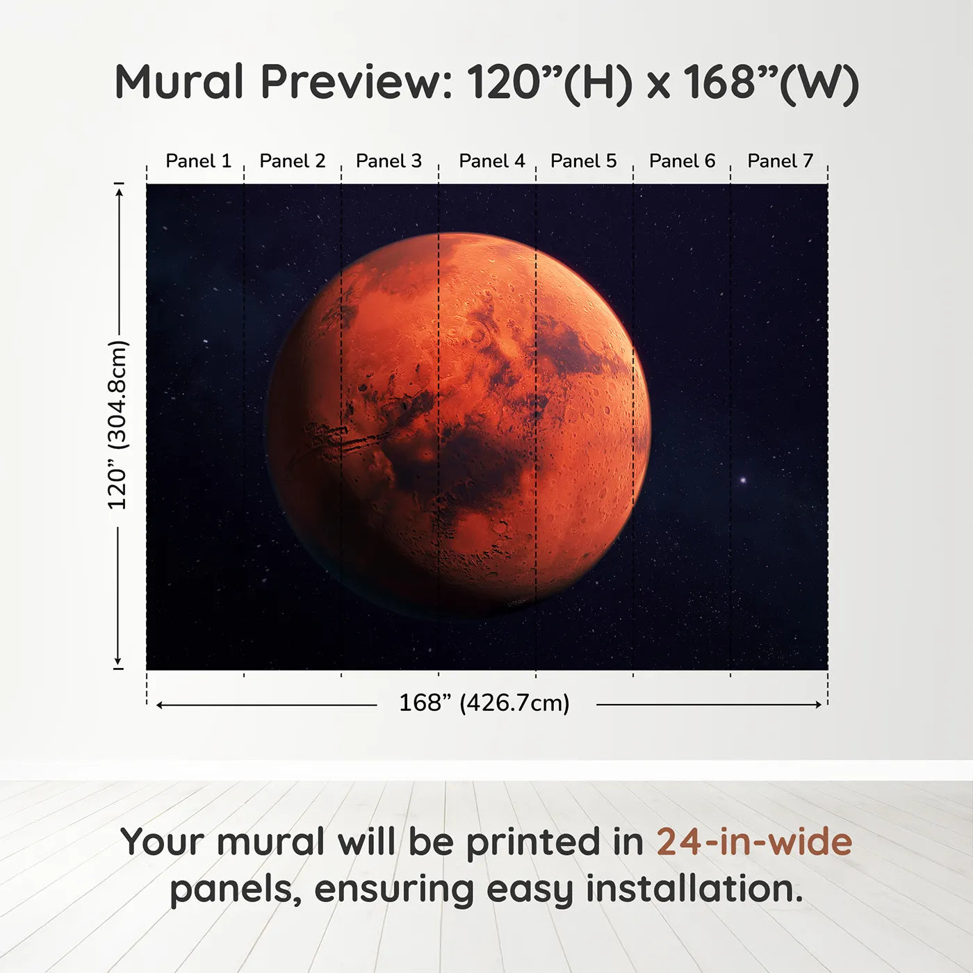 Whimsy Tots The Planet Mars Wall Muraldimension view (120" H x 168" W). Printed in seven 24-inch-wide panels. Gender-Neutral