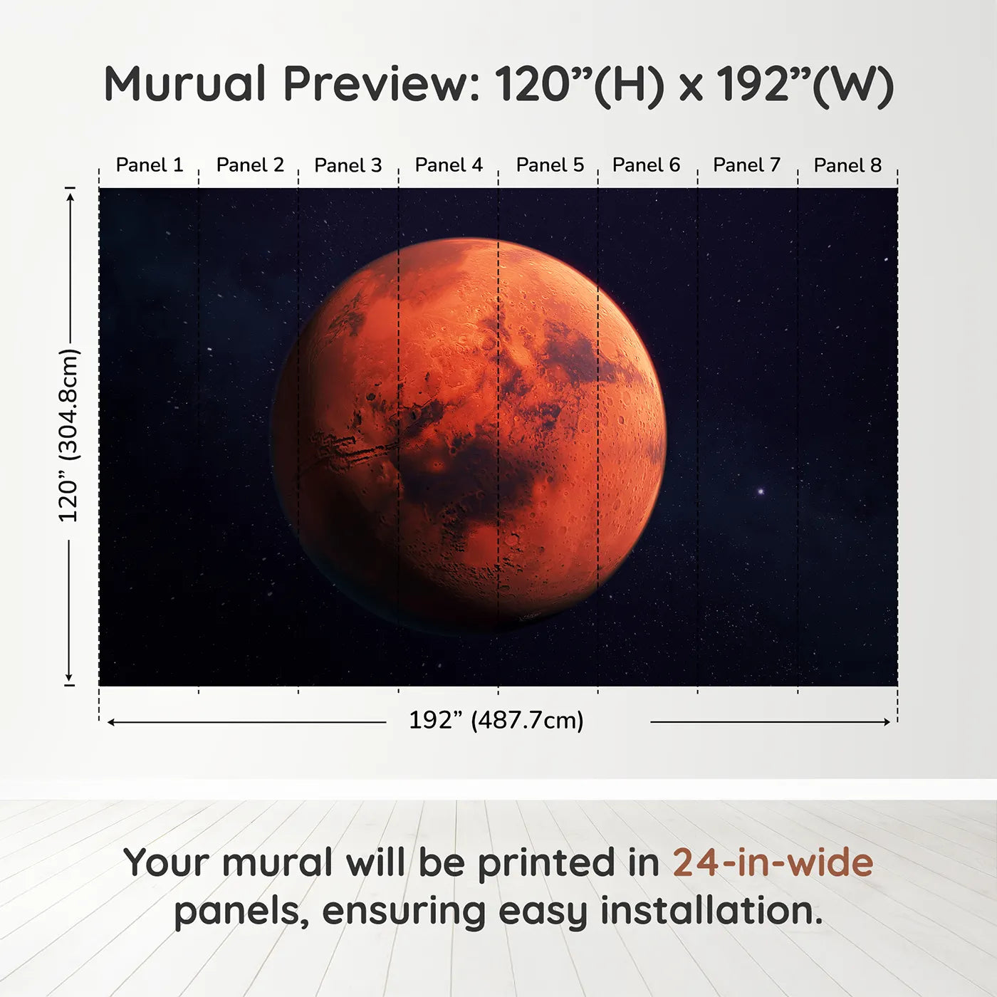 Whimsy Tots The Planet Mars Wall Muraldimension view (120" H x 192" W). Printed in eight 24-inch-wide panels. Gender-Neutral