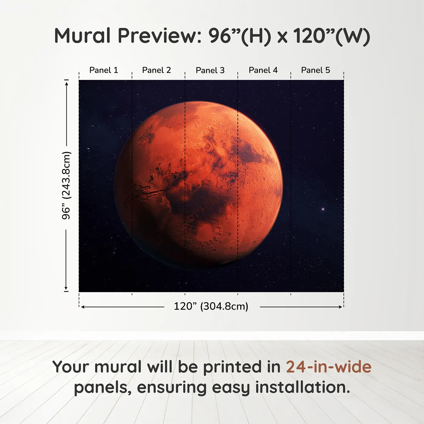 Whimsy Tots The Planet Mars Wall Muraldimension view (96" H x 120" W). Printed in five 24-inch-wide panels. Gender-Neutral