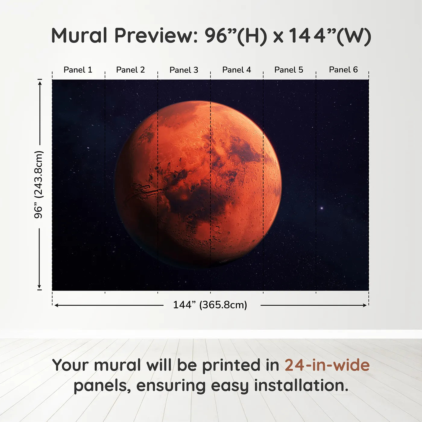 Whimsy Tots The Planet Mars Wall Muraldimension view (96" H x 144" W). Printed in six 24-inch-wide panels. Gender-Neutral