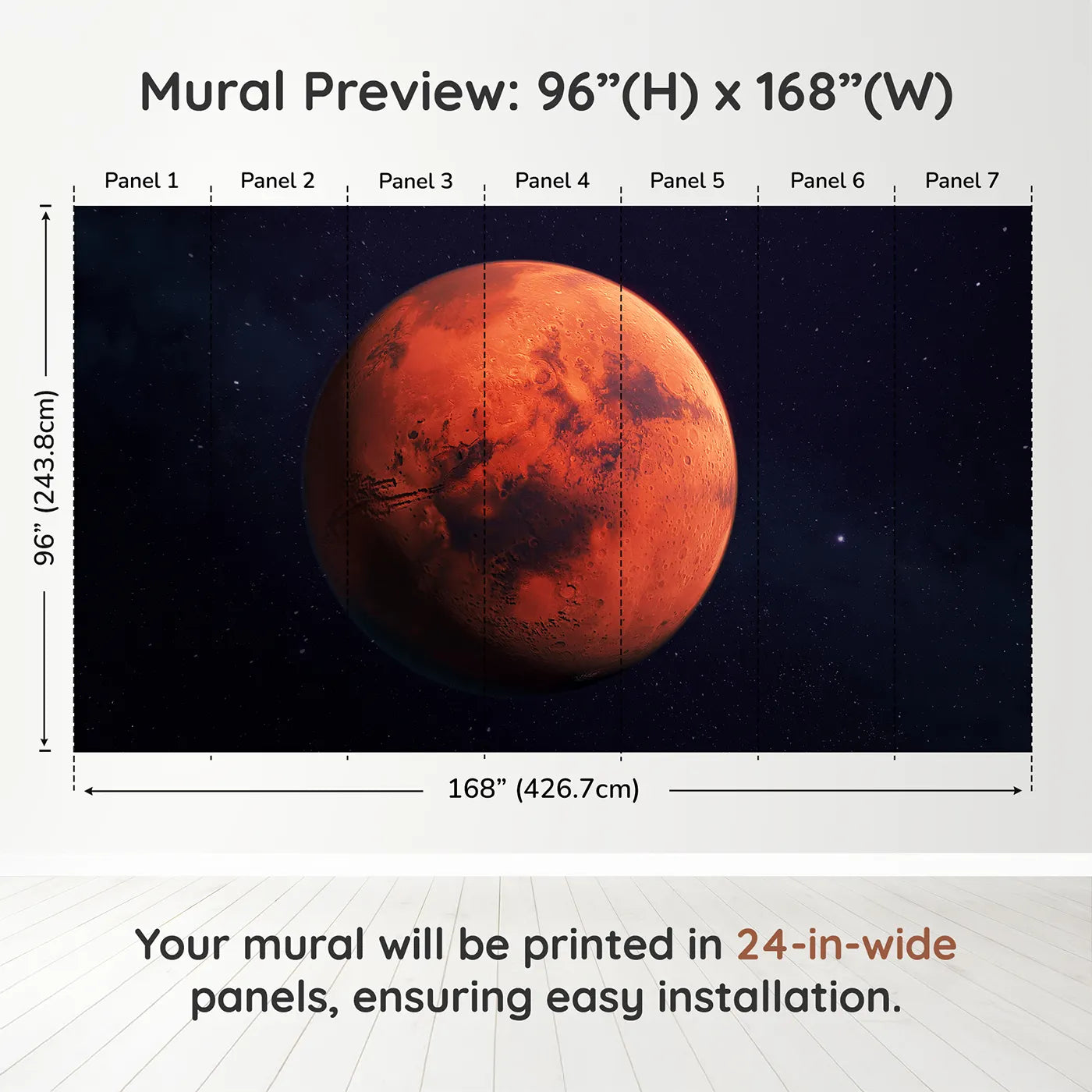 Whimsy Tots The Planet Mars Wall Muraldimension view (96" H x 168" W). Printed in seven 24-inch-wide panels. Gender-Neutral