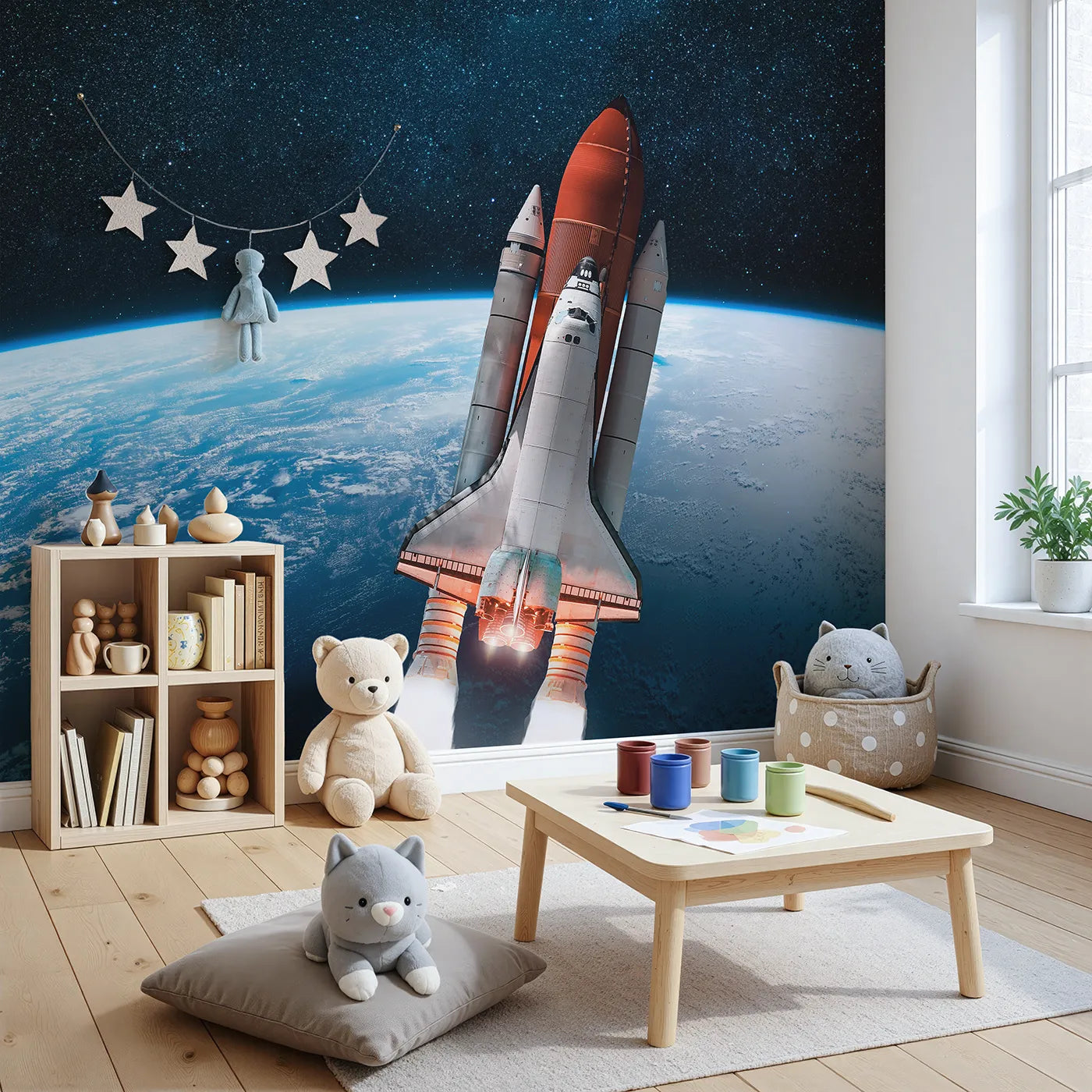 Angled view of Whimsy Tots' Space Shuttle Orbit Wall Mural (Turn Their Room into a High-Flying Space Mission).Gender-Neutral