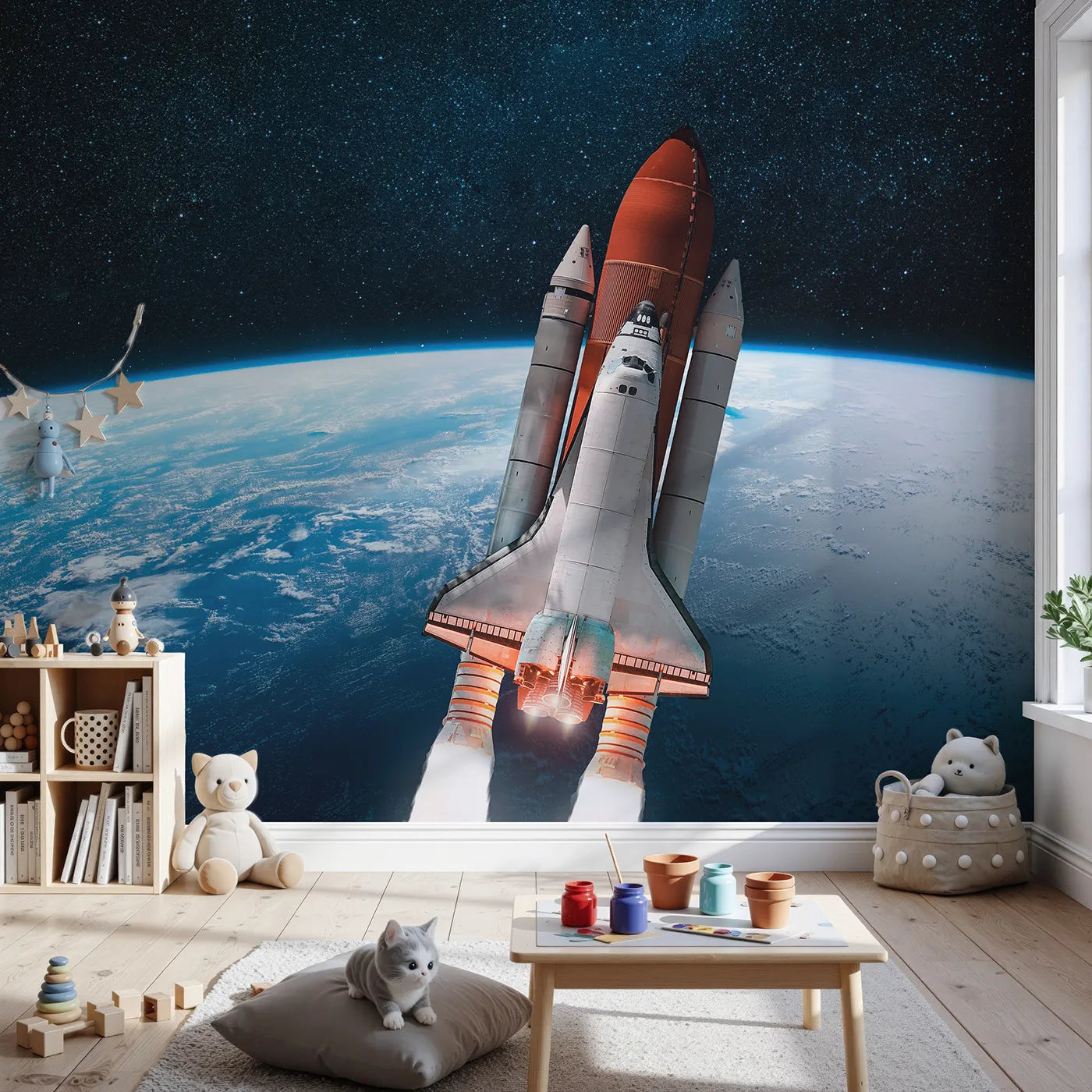 Front view of Whimsy Tots' Space Shuttle Orbit Wall Mural