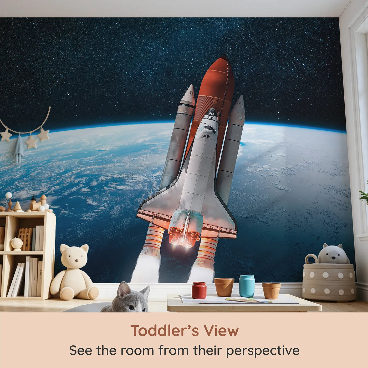 Whimsy Tots Space Shuttle Orbit Wall Mural (Turn Their Room into a High-Flying Space Mission) from your child's view.Gender-Neutral