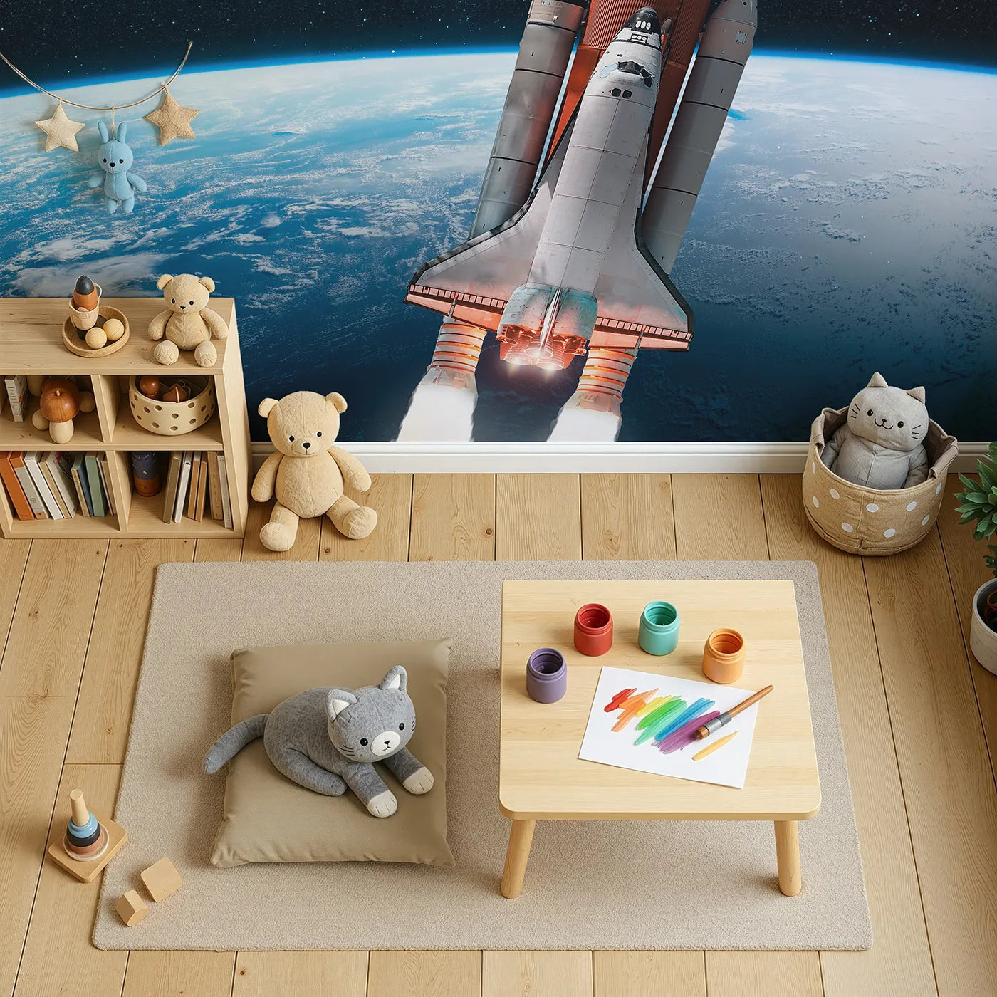 Top-down view of Whimsy Tots' Space Shuttle Orbit Wall Mural (Turn Their Room into a High-Flying Space Mission).Gender-Neutral