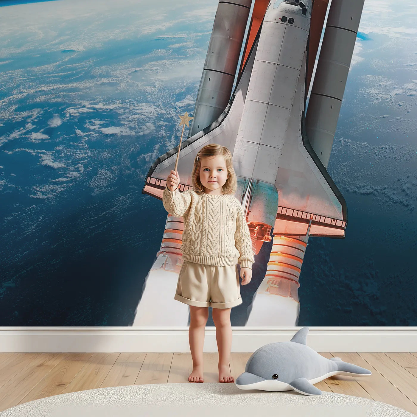 Child in front of Whimsy Tots Space Shuttle Orbit Wall Mural with space shuttle, earth, space, planet, orbit, astronaut, rocket, science in design.