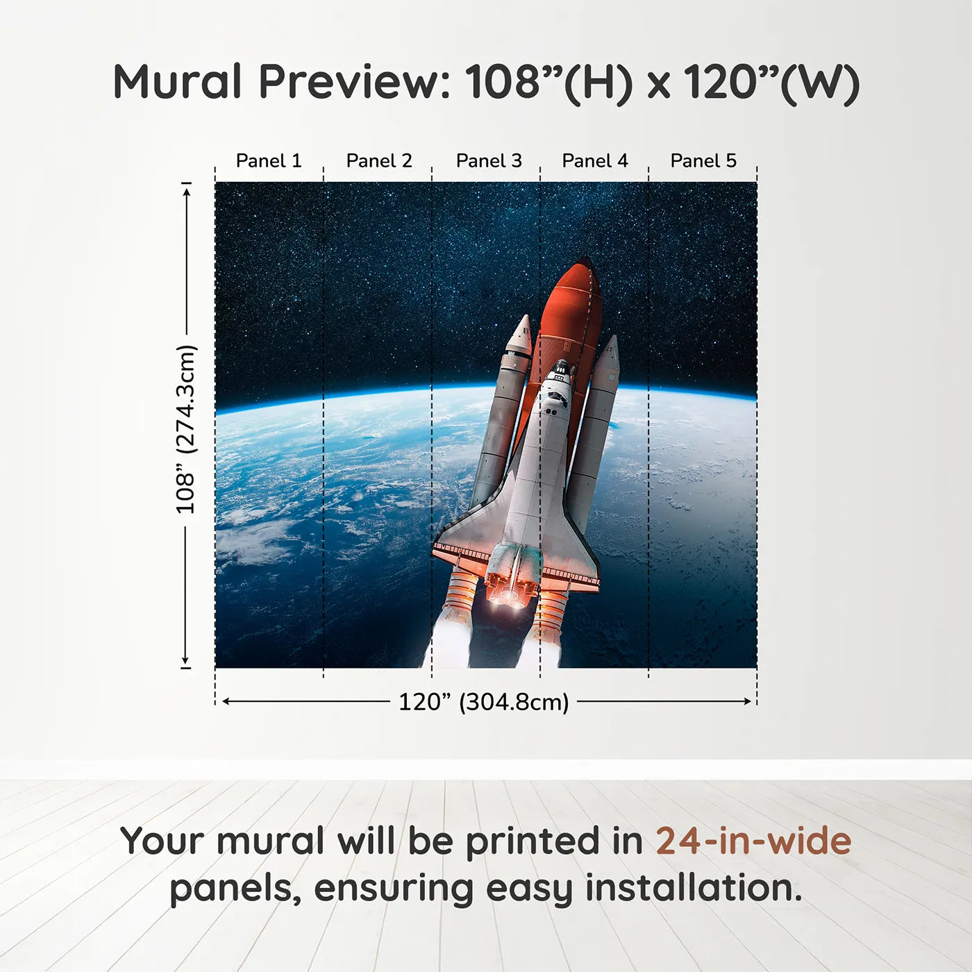 Whimsy Tots Space Shuttle Orbit Wall Muraldimension view (108" H x 120" W). Printed in five 24-inch-wide panels. Gender-Neutral