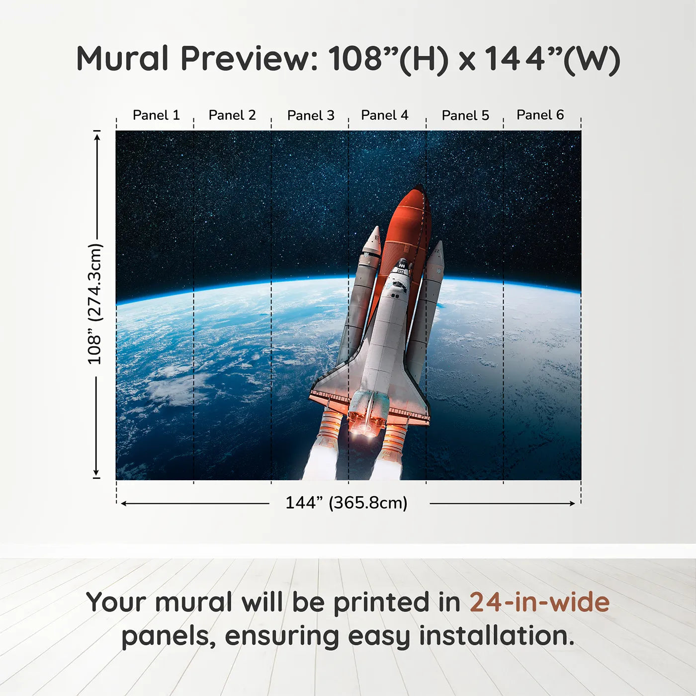 Whimsy Tots Space Shuttle Orbit Wall Muraldimension view (108" H x 144" W). Printed in six 24-inch-wide panels. Gender-Neutral