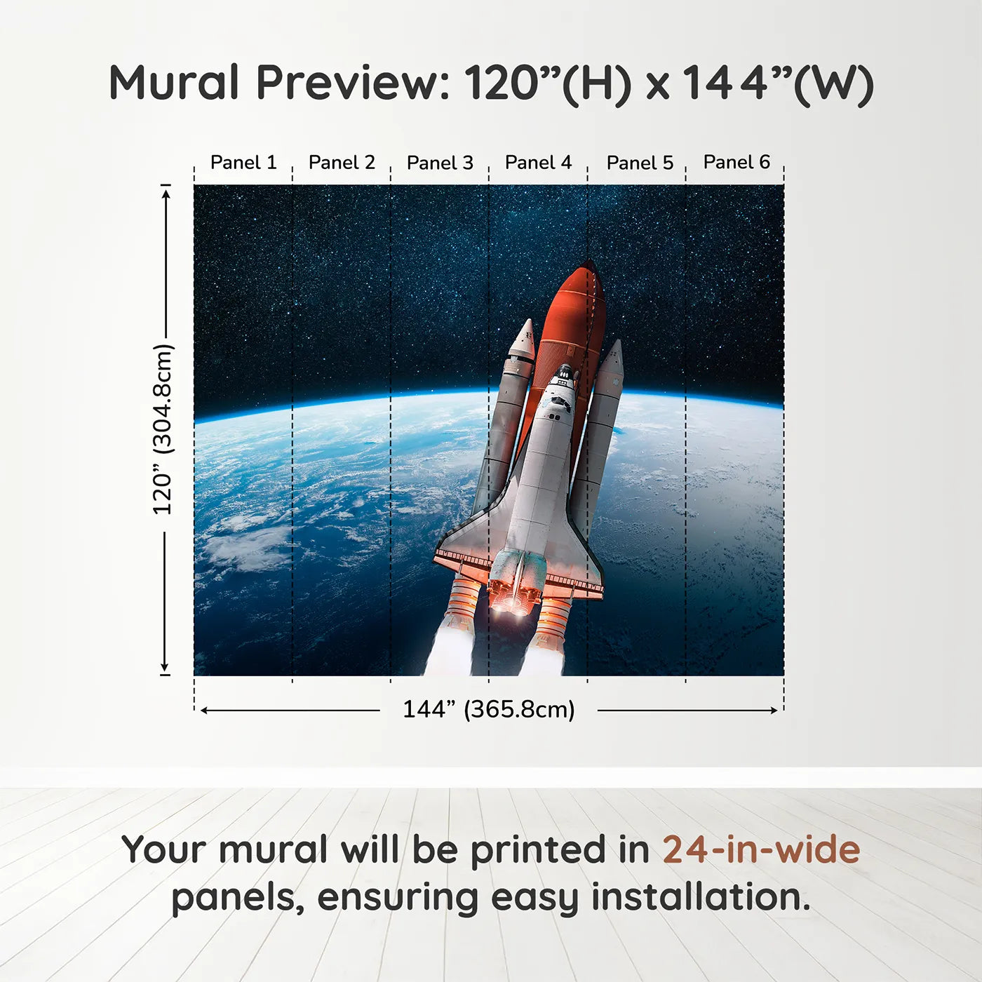 Whimsy Tots Space Shuttle Orbit Wall Muraldimension view (120" H x 144" W). Printed in six 24-inch-wide panels. Gender-Neutral