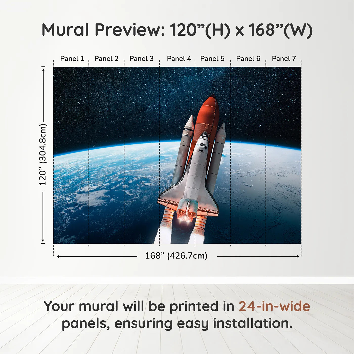 Whimsy Tots Space Shuttle Orbit Wall Muraldimension view (120" H x 168" W). Printed in seven 24-inch-wide panels. Gender-Neutral