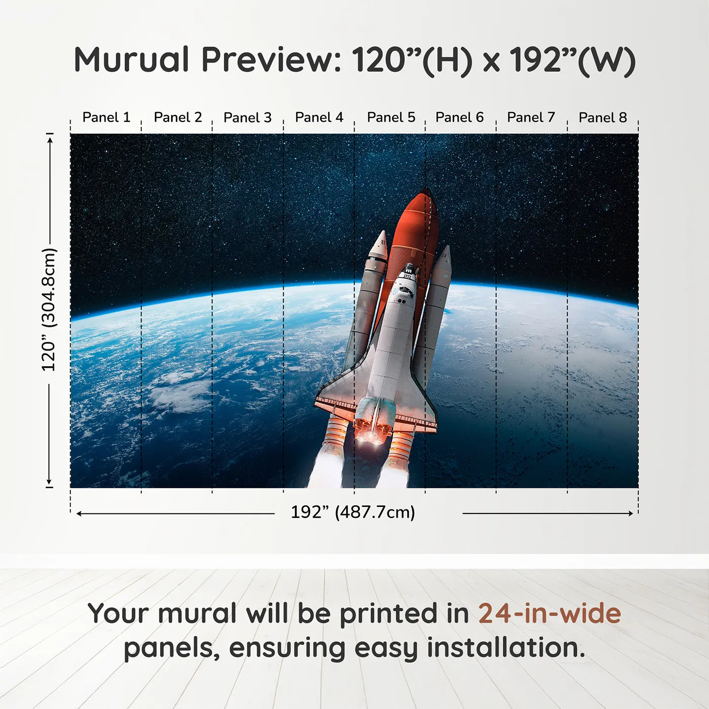 Whimsy Tots Space Shuttle Orbit Wall Muraldimension view (120" H x 192" W). Printed in eight 24-inch-wide panels. Gender-Neutral