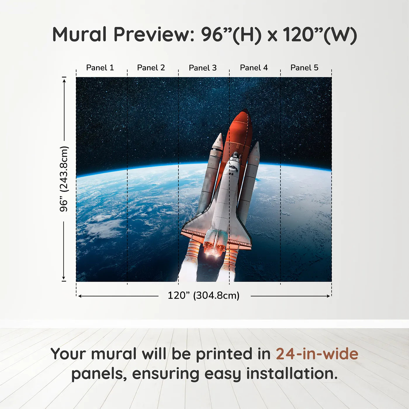 Whimsy Tots Space Shuttle Orbit Wall Muraldimension view (96" H x 120" W). Printed in five 24-inch-wide panels. Gender-Neutral