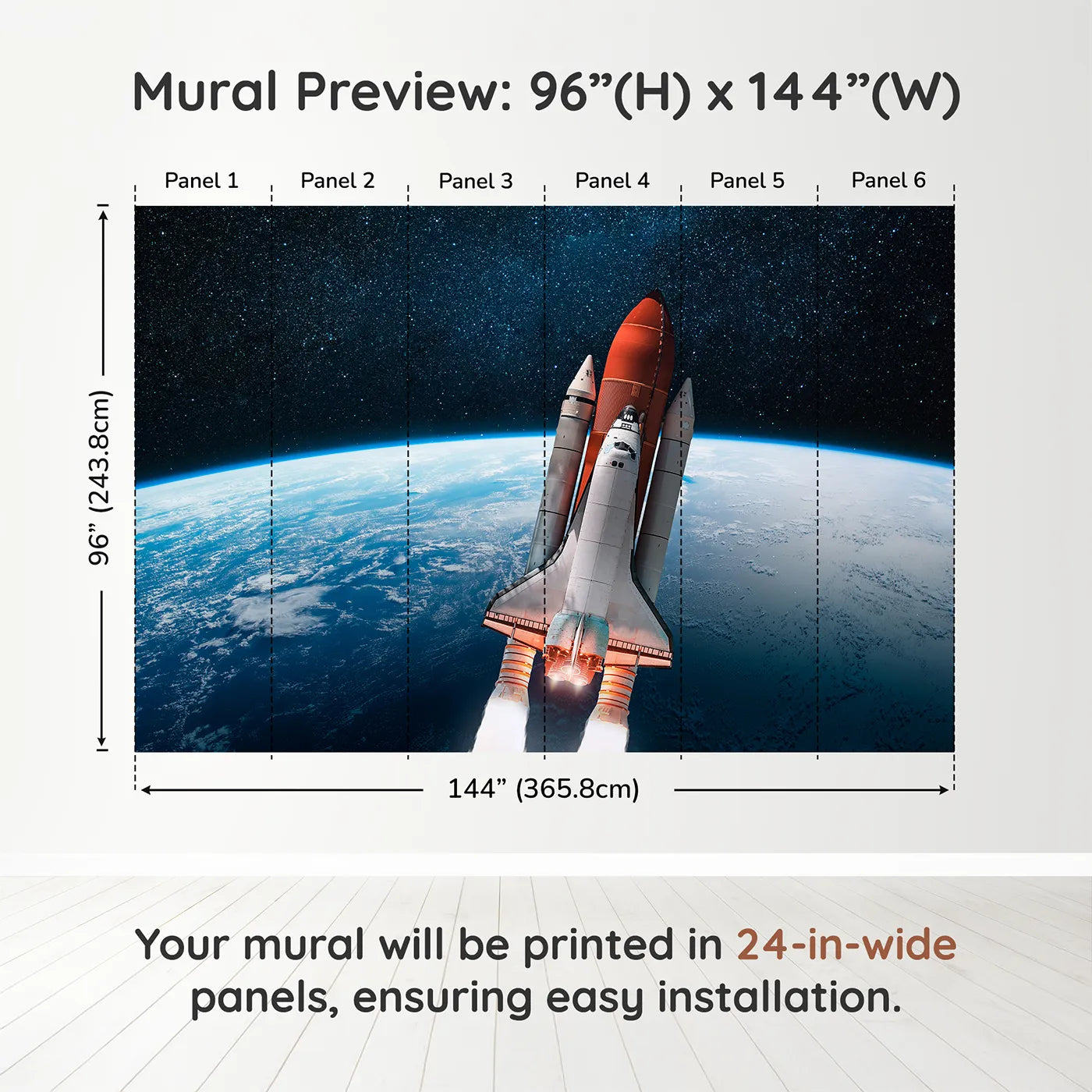 Whimsy Tots Space Shuttle Orbit Wall Muraldimension view (96" H x 144" W). Printed in six 24-inch-wide panels. Gender-Neutral