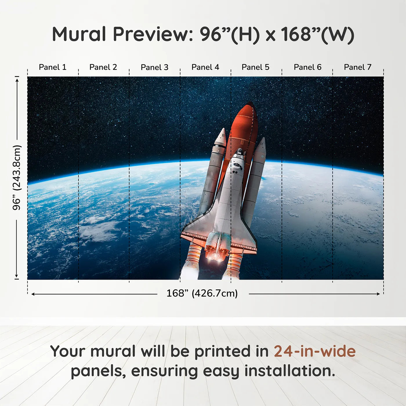Whimsy Tots Space Shuttle Orbit Wall Muraldimension view (96" H x 168" W). Printed in seven 24-inch-wide panels. Gender-Neutral