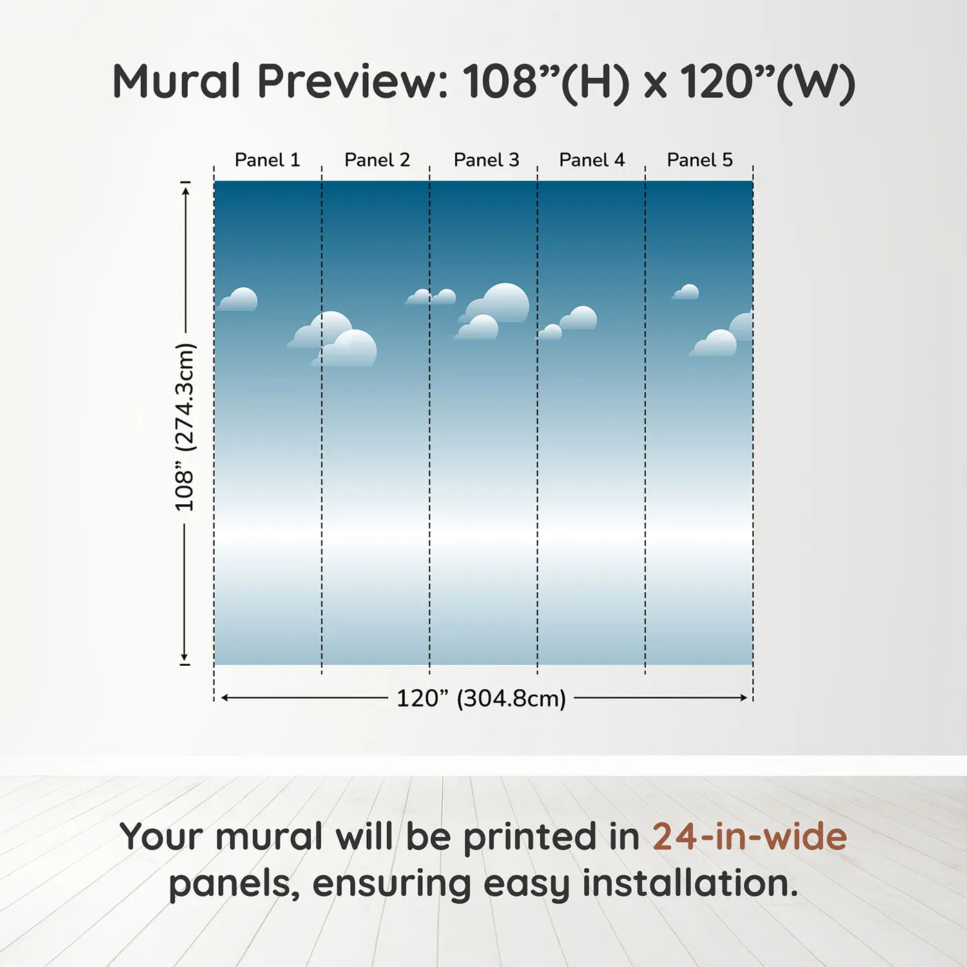 Whimsy Tots Arctic Icebreaker Ship Wall Muraldimension view (108" H x 120" W). Printed in five 24-inch-wide panels. Gender-Neutral