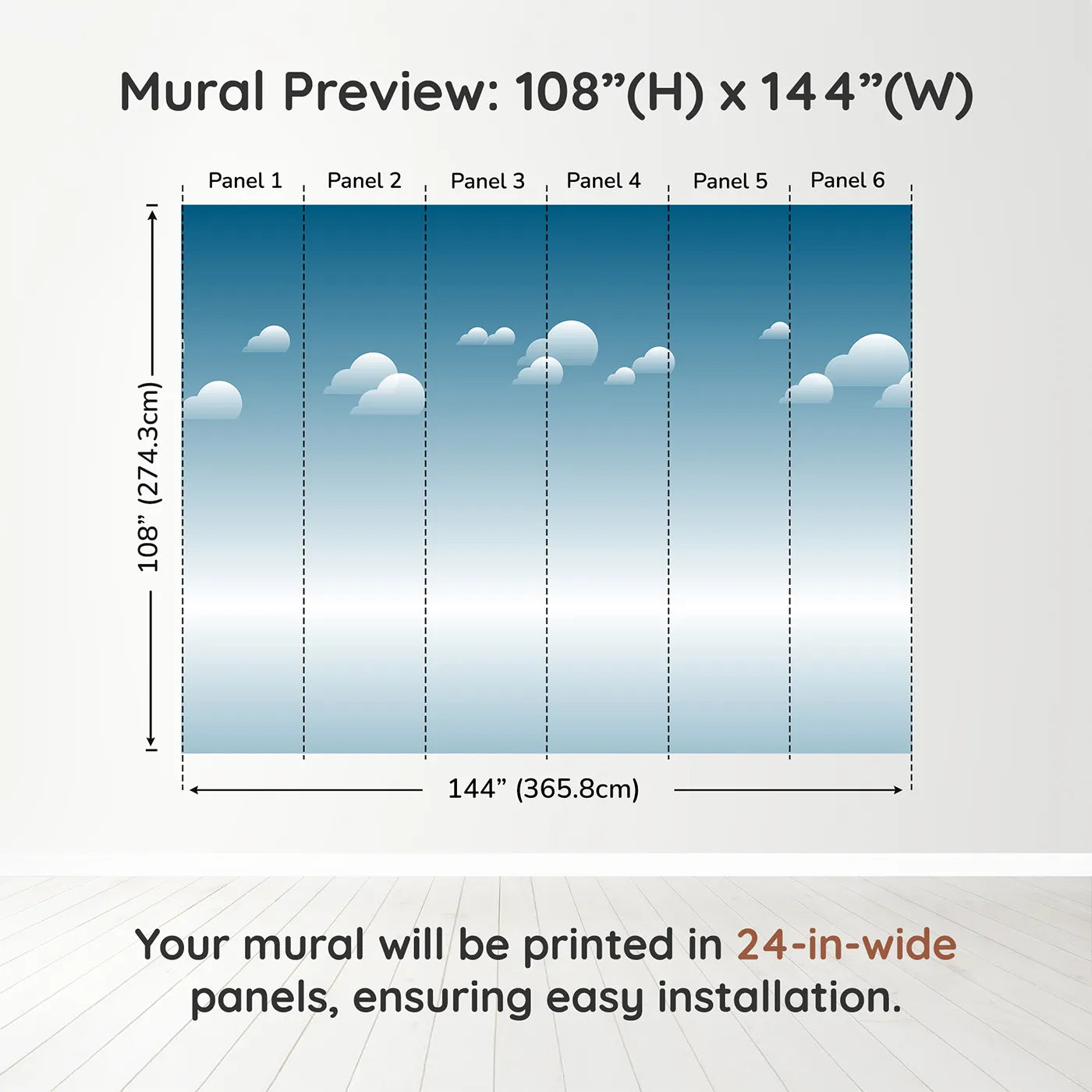 Whimsy Tots Arctic Icebreaker Ship Wall Muraldimension view (108" H x 144" W). Printed in six 24-inch-wide panels. Gender-Neutral