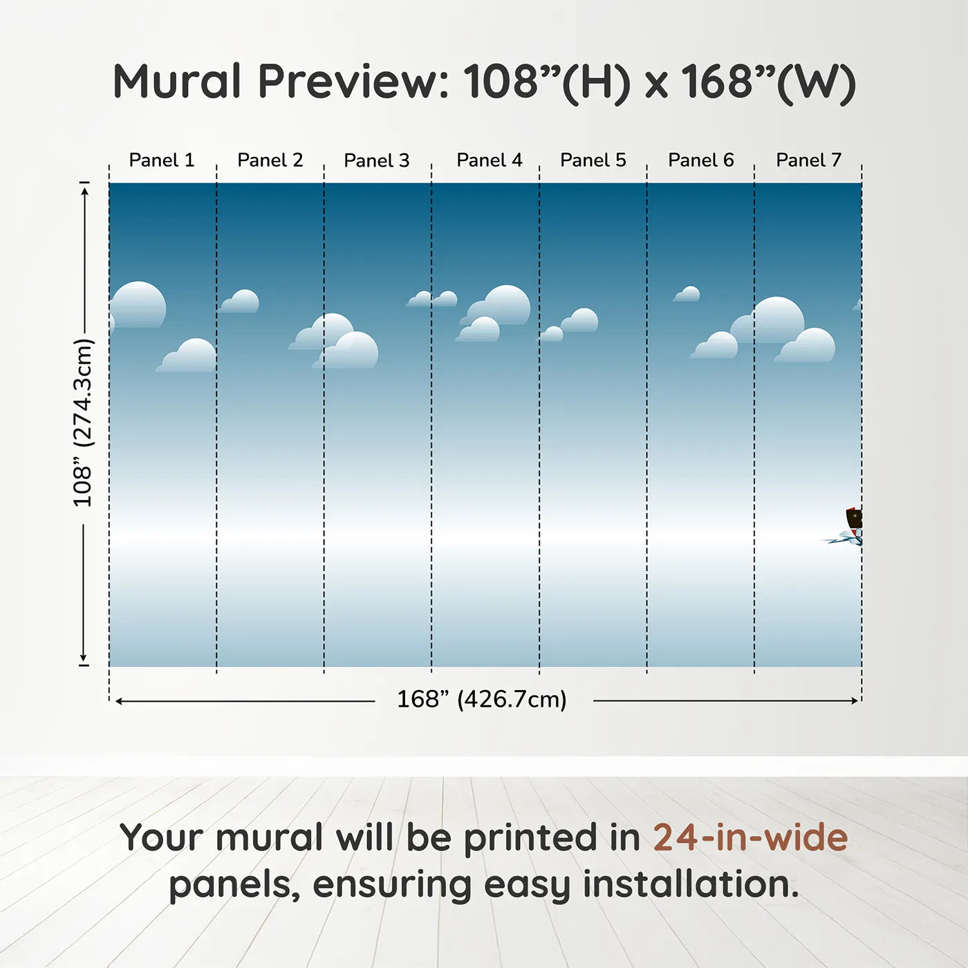 Whimsy Tots Arctic Icebreaker Ship Wall Muraldimension view (108" H x 168" W). Printed in seven 24-inch-wide panels. Gender-Neutral