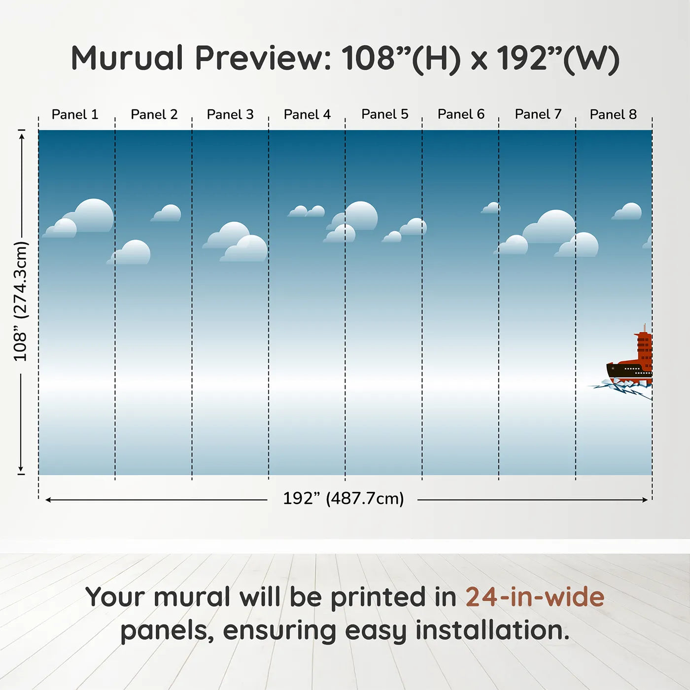 Whimsy Tots Arctic Icebreaker Ship Wall Muraldimension view (108" H x 192" W). Printed in eight 24-inch-wide panels. Gender-Neutral