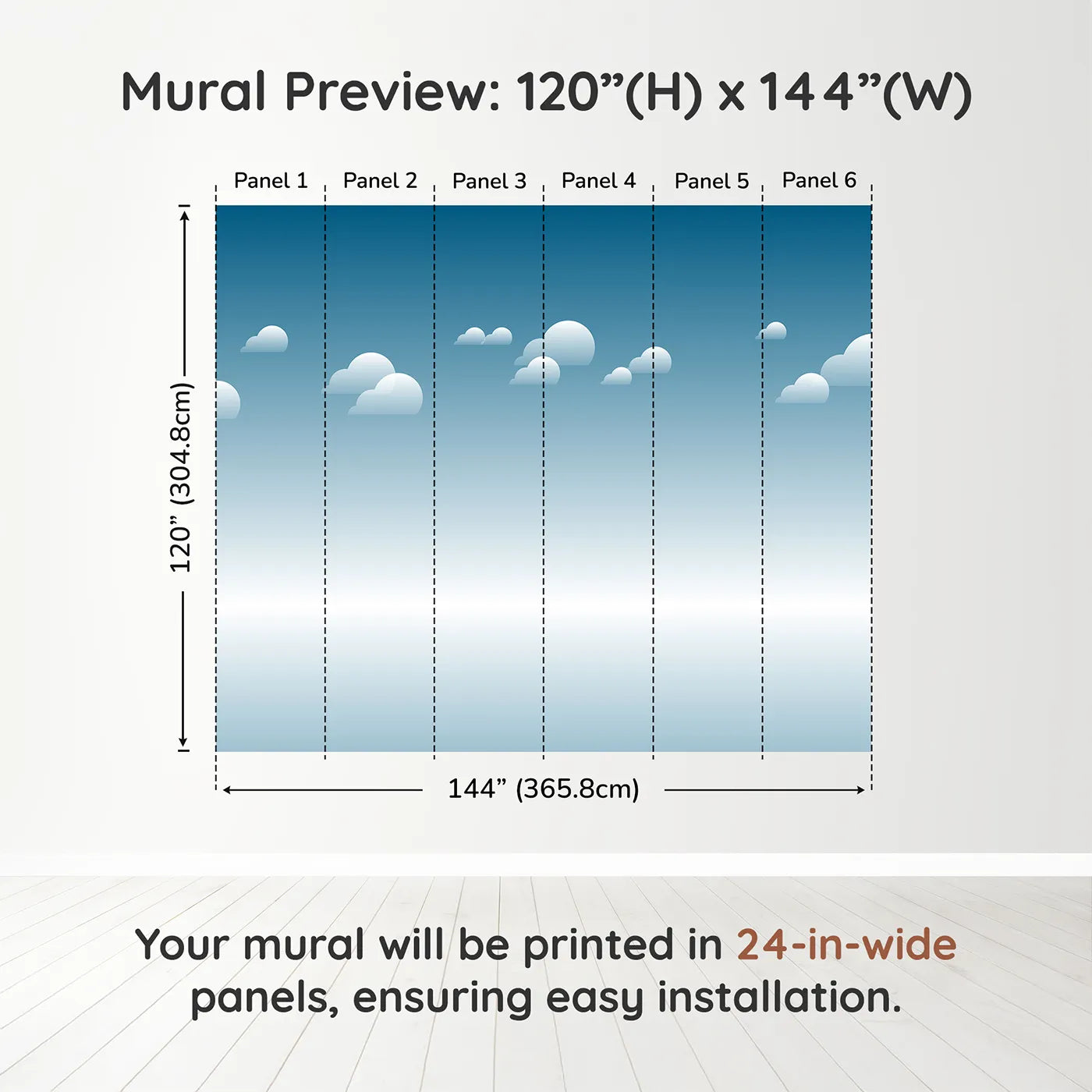Whimsy Tots Arctic Icebreaker Ship Wall Muraldimension view (120" H x 144" W). Printed in six 24-inch-wide panels. Gender-Neutral