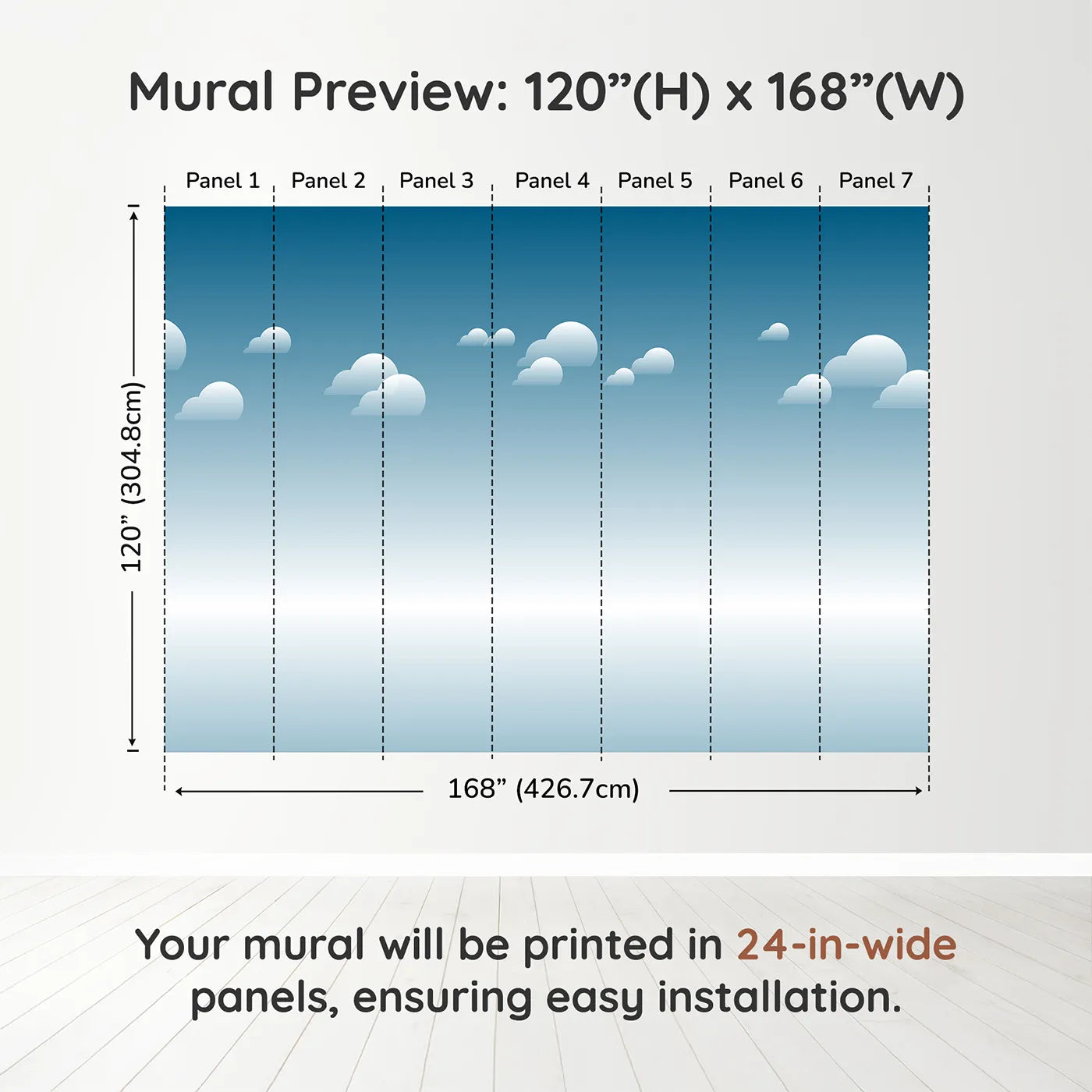 Whimsy Tots Arctic Icebreaker Ship Wall Muraldimension view (120" H x 168" W). Printed in seven 24-inch-wide panels. Gender-Neutral